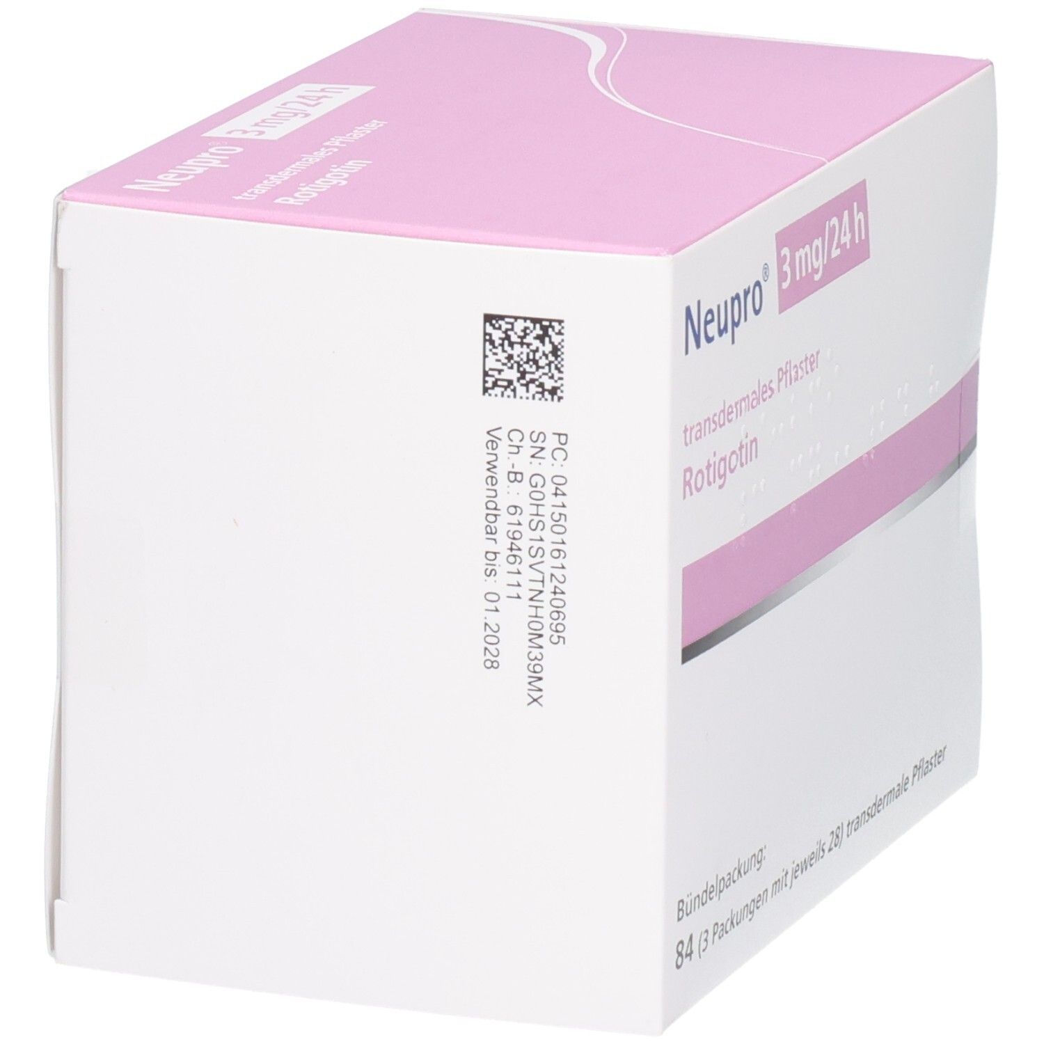 NEUPRO 3mg/24h transdermales Pflaster Rotigotin Verpackung mit Barcode und Chargennummer.