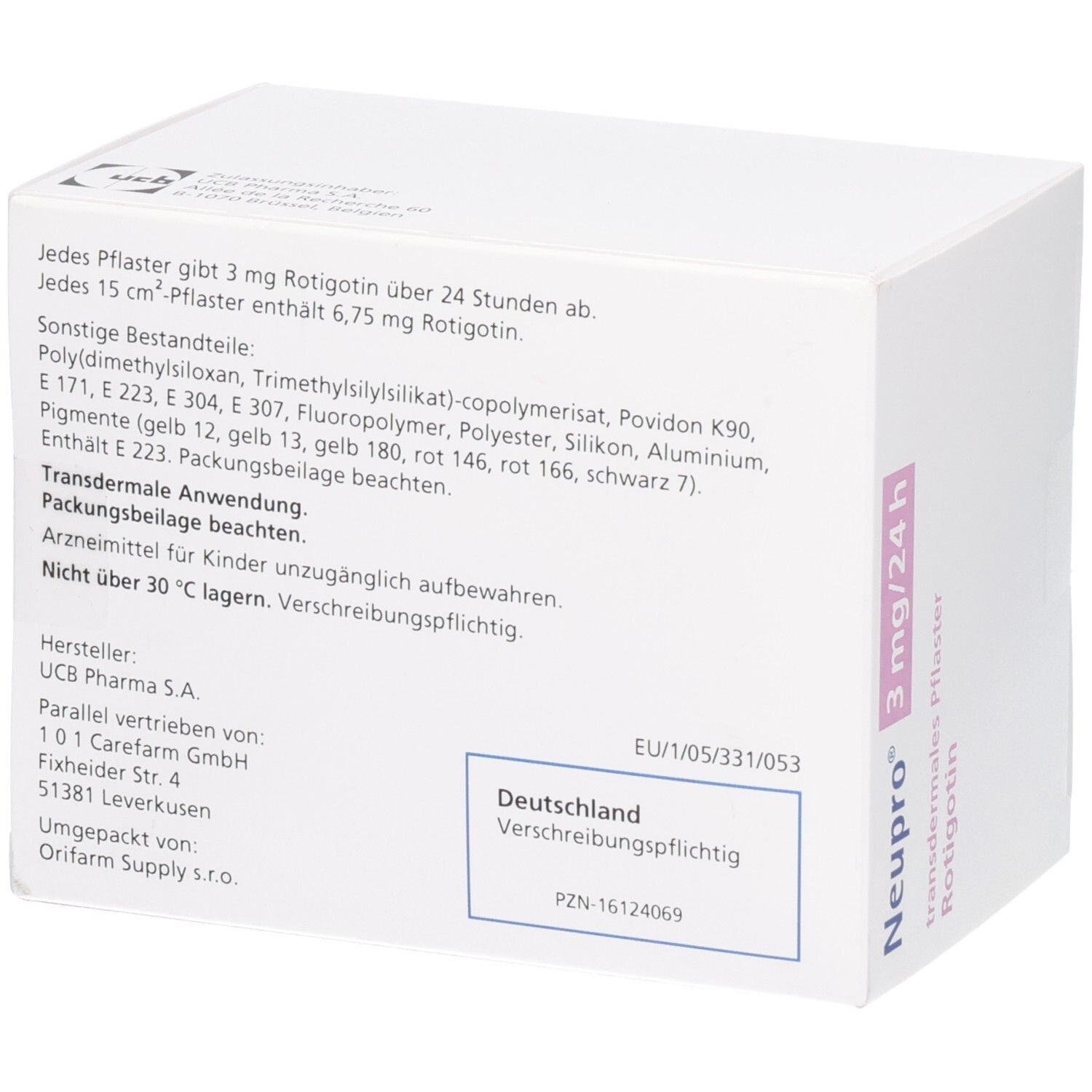 NEUPRO 3mg/24h transdermales Pflaster Rotigotin Rückseite mit Inhaltsstoffen und Herstellerinformationen.