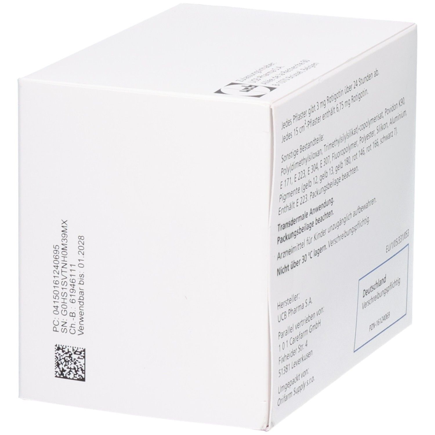 NEUPRO 3mg/24h transdermales Pflaster Rotigotin Seitenansicht mit Barcode und Verfallsdatum.