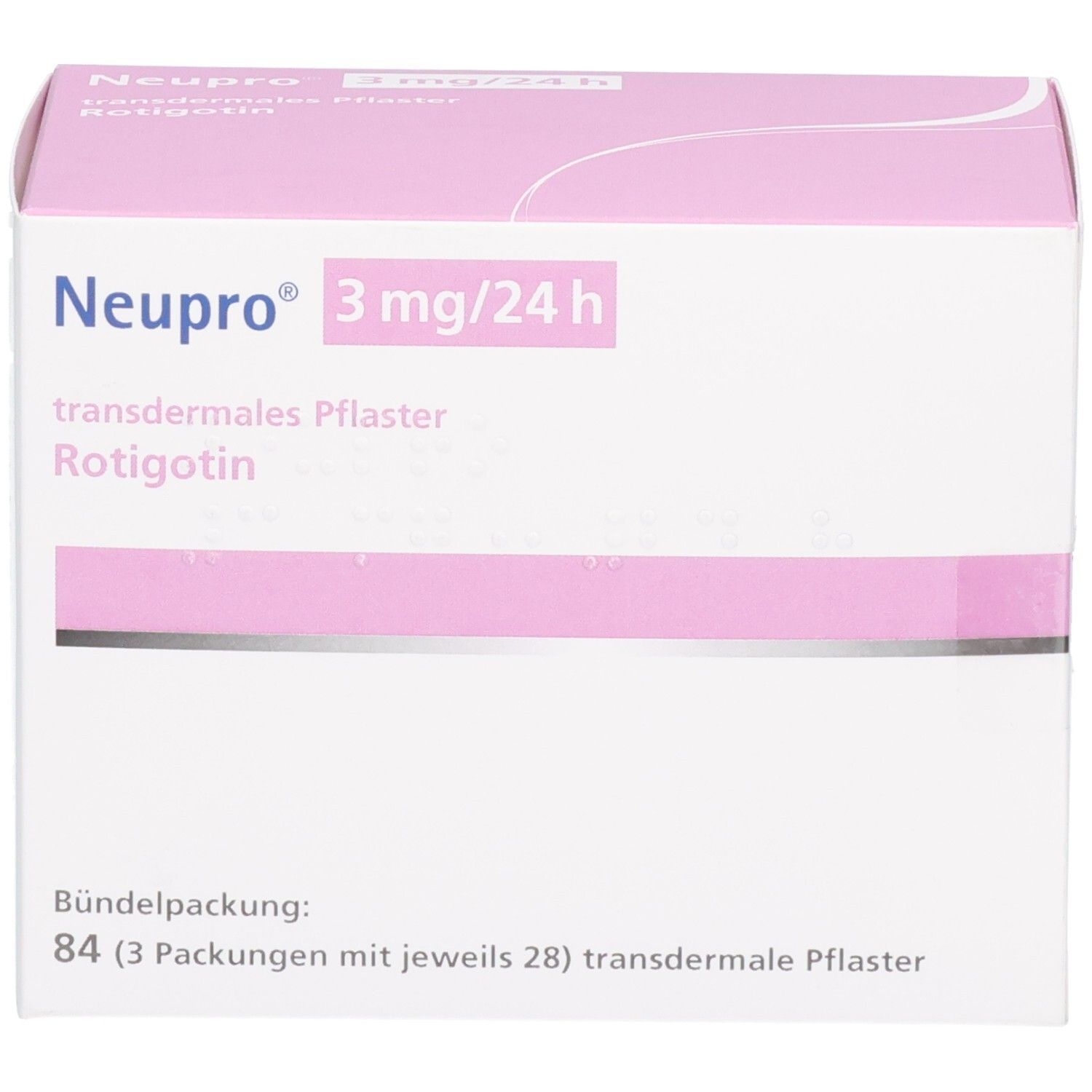 NEUPRO 3mg/24h transdermales Pflaster Rotigotin Vorderseite der Verpackung mit Produktinformationen.