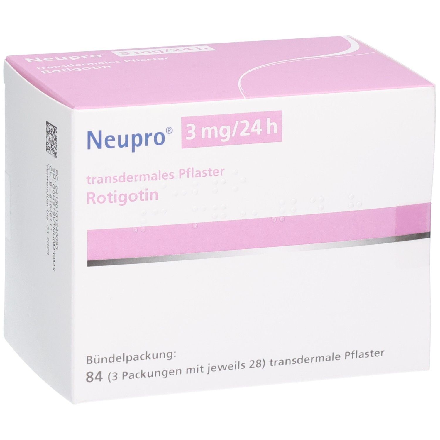 NEUPRO 3mg/24h transdermales Pflaster Rotigotin Verpackung mit Produkt- und Mengenangabe.