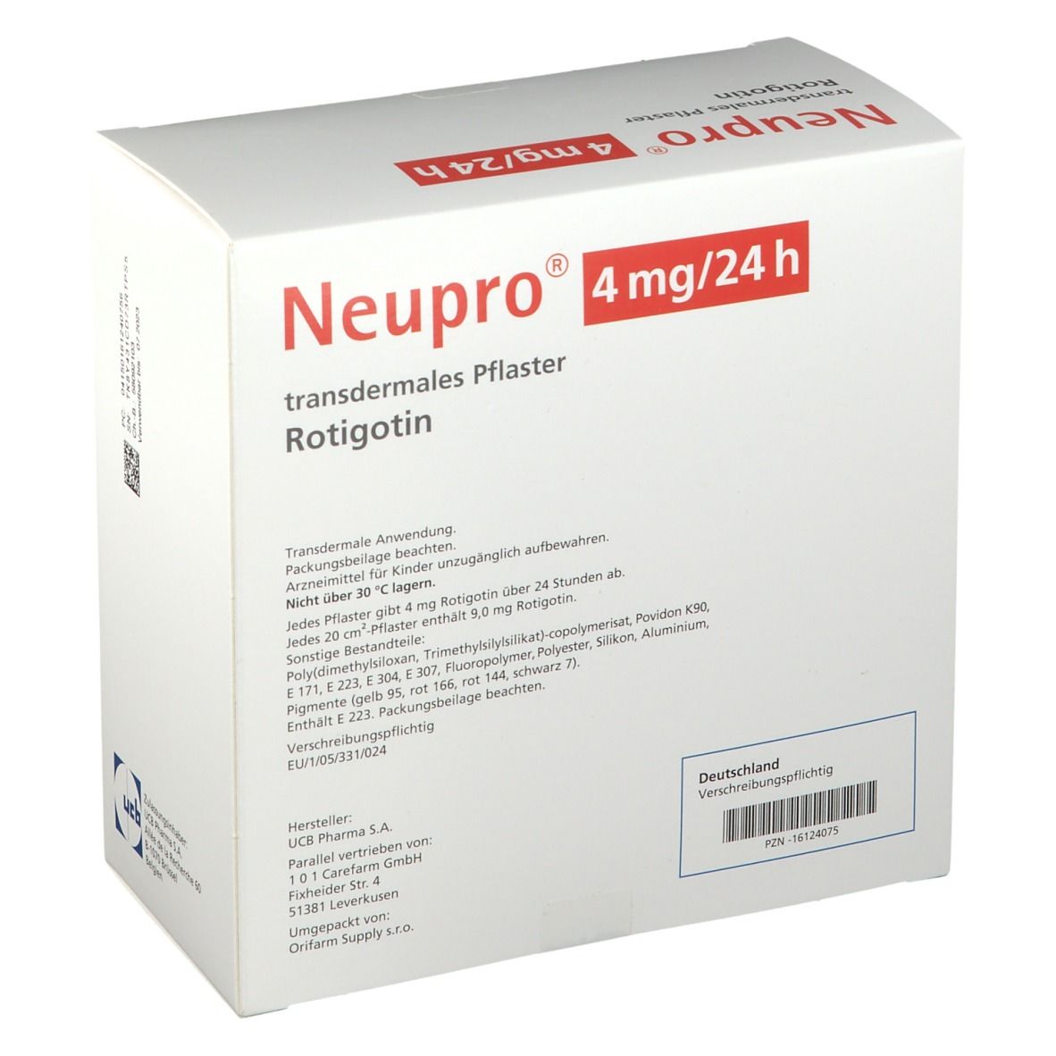 Weißer Karton mit roter Schrift. Aufschrift: Neupro 4 mg/24 h, transdermales Pflaster, Rotigotin. Text und Informationen auf der Seite.