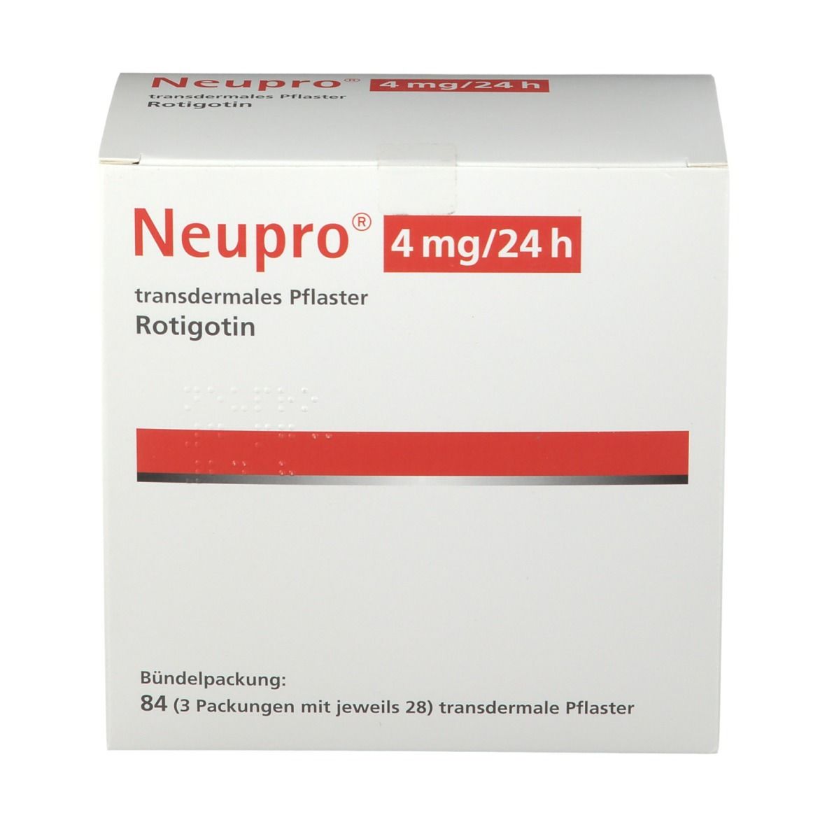 Weißer Karton mit roter Schrift. Aufschrift: Neupro 4 mg/24 h, transdermales Pflaster, Rotigotin. Bündelpackung: 84 Pflaster.