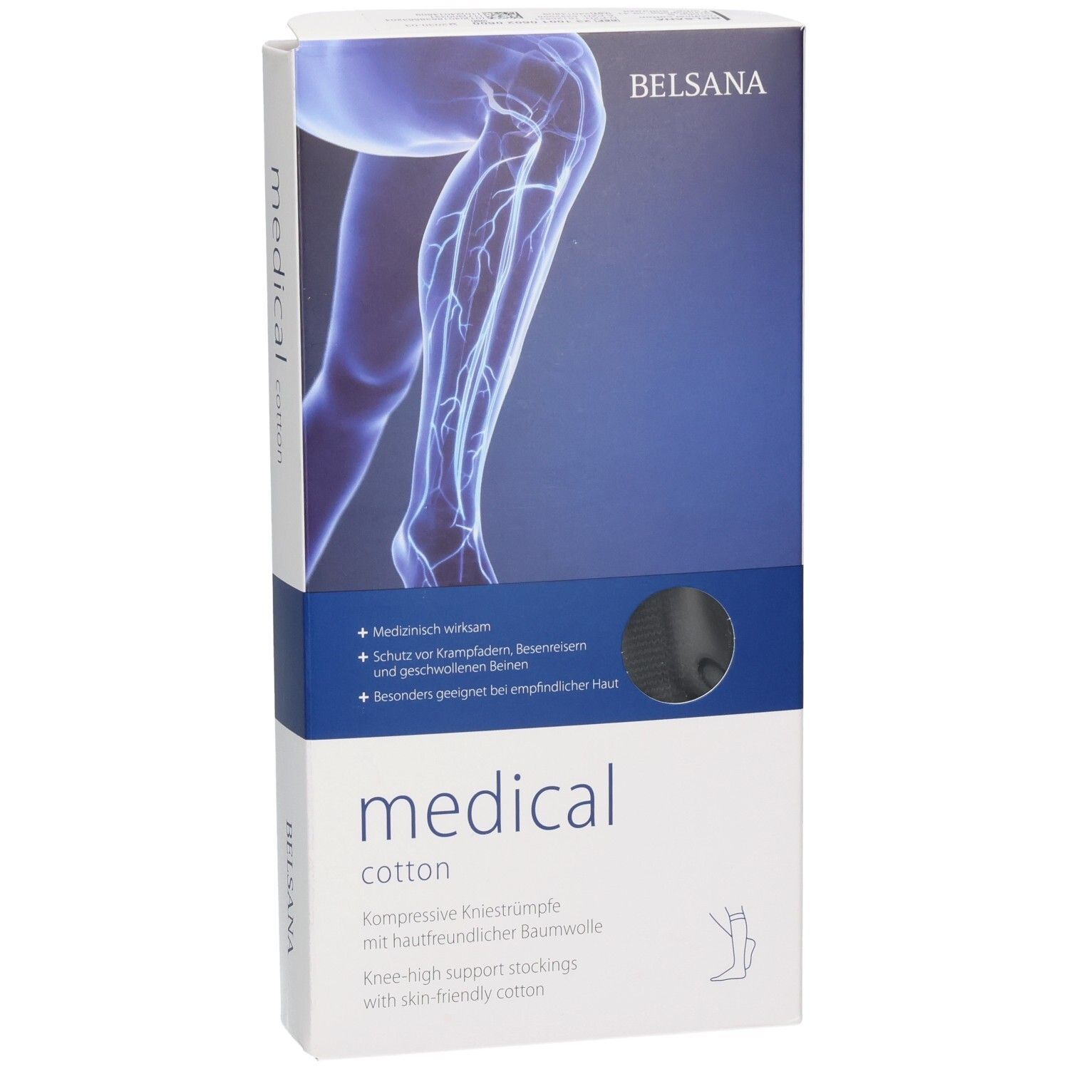 Belsana medical cotton Kompressionsstrümpfe, anthrazit, Gr. S, Gr. 39-41. Vorderseite der Verpackung mit Produktnamen und Abbildung.