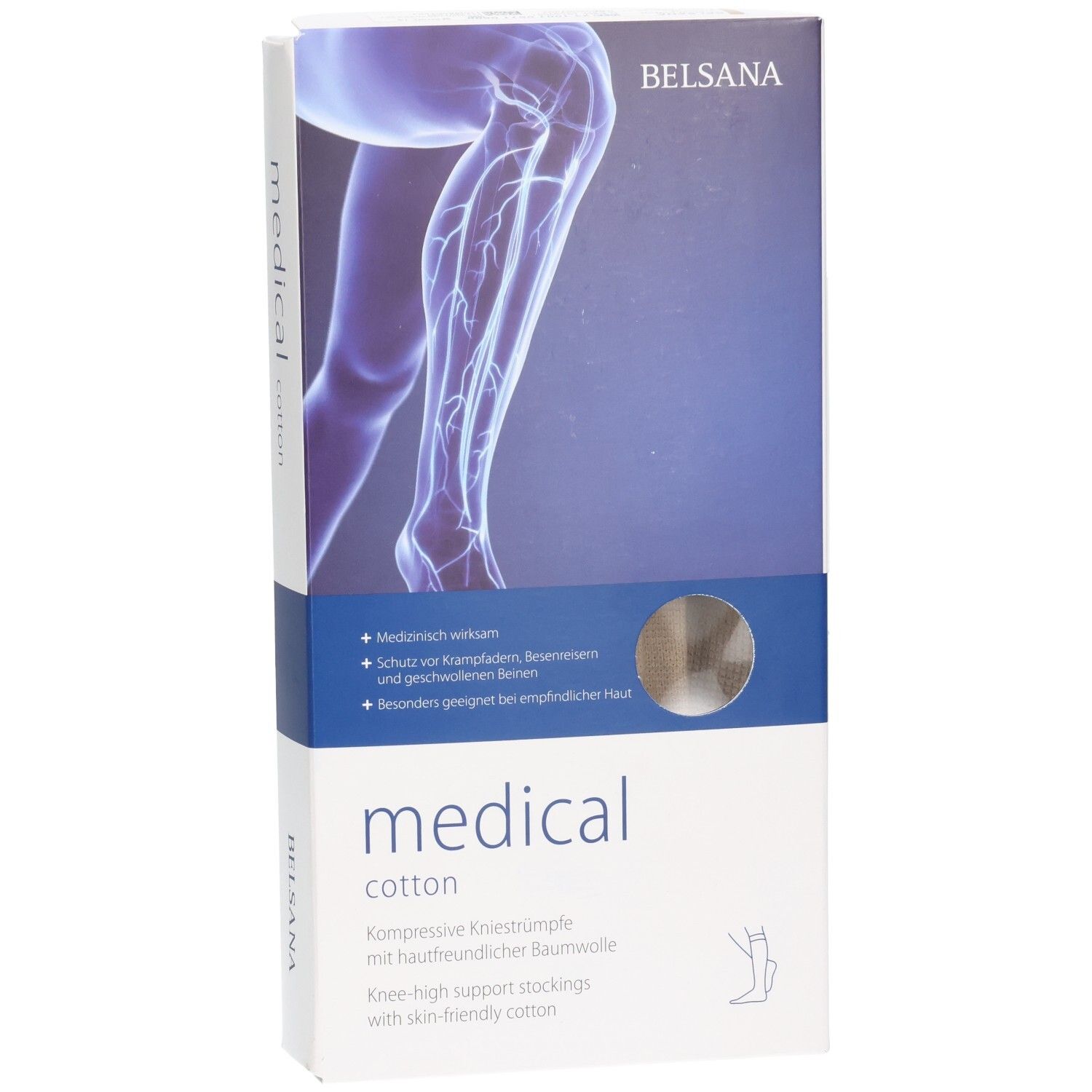 Belsana medical cotton Kompressionsstrümpfe, beige, Gr. S, Gr. 39-41. Kartonverpackung mit Beinabbildung und Produktmerkmalen.