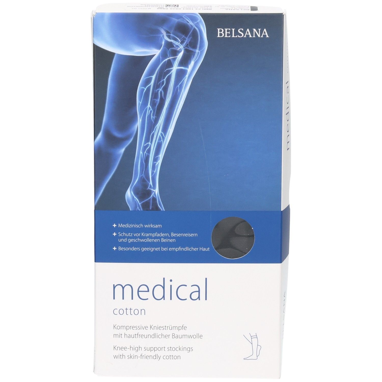 Belsana medical cotton Kompressionsstrümpfe, schwarz. Vorderseite der Verpackung mit Beinabbildung und Produktmerkmalen.