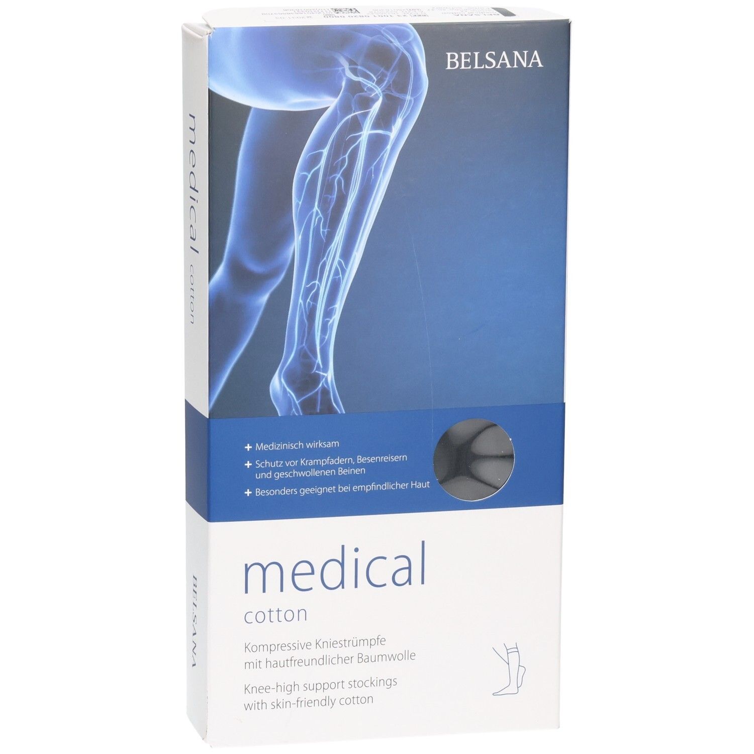 Belsana medical cotton Kompressionsstrümpfe, schwarz. Verpackung mit Darstellung der Beinvenen und Produktvorteilen.