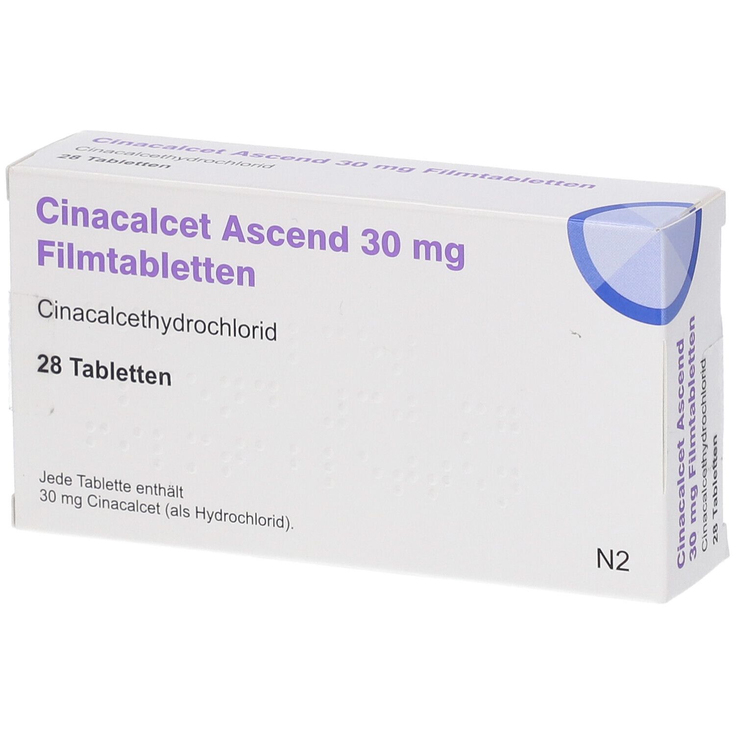 Schachtel mit Cinacalcet Ascend 30 mg Filmtabletten. Enthält 28 Tabletten. Aufschrift: Cinacalcet Ascend 30 mg Filmtabletten.