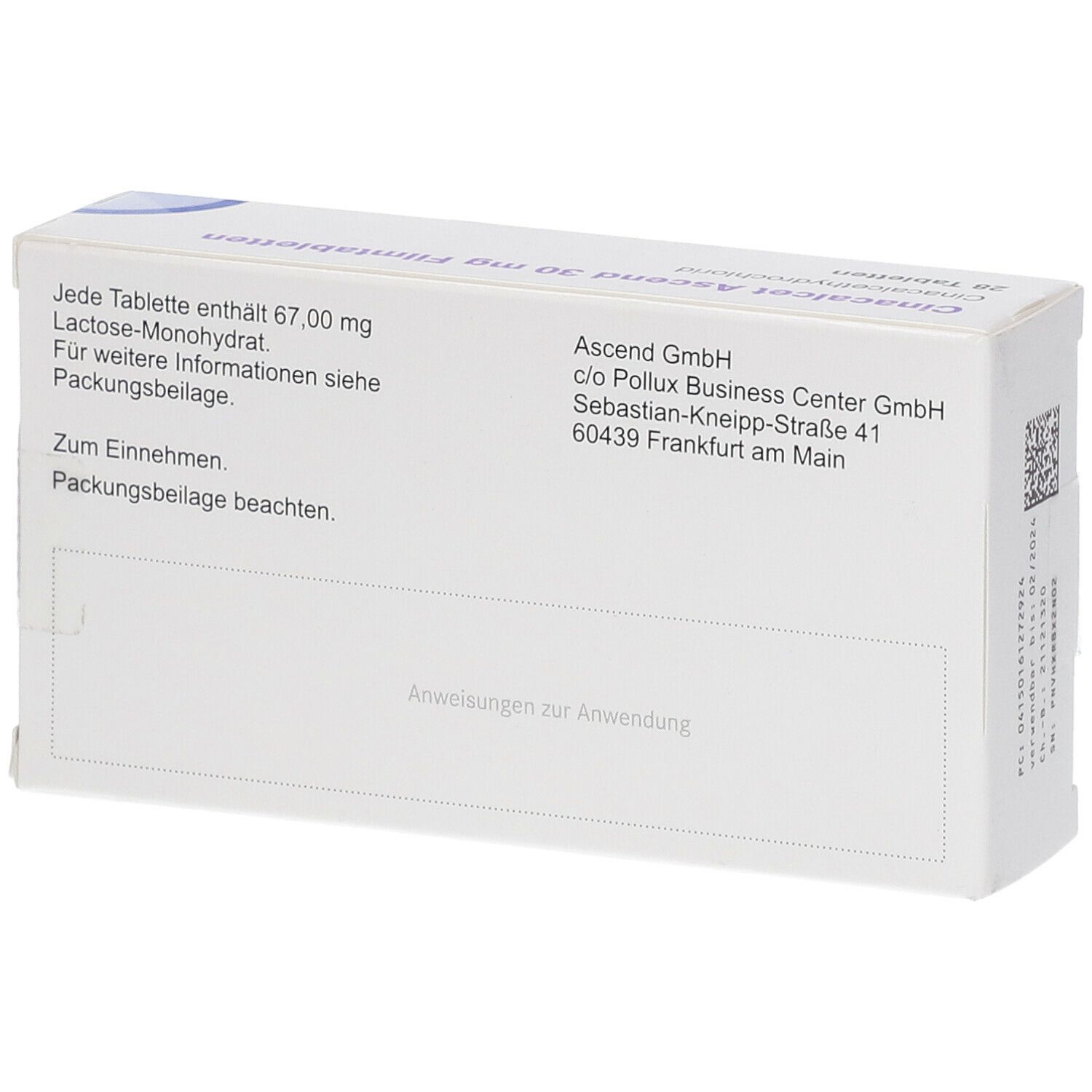 Rückseite der Schachtel mit Cinacalcet Ascend 30 mg Filmtabletten. Enthält Informationen zur Anwendung und Herstelleradresse.