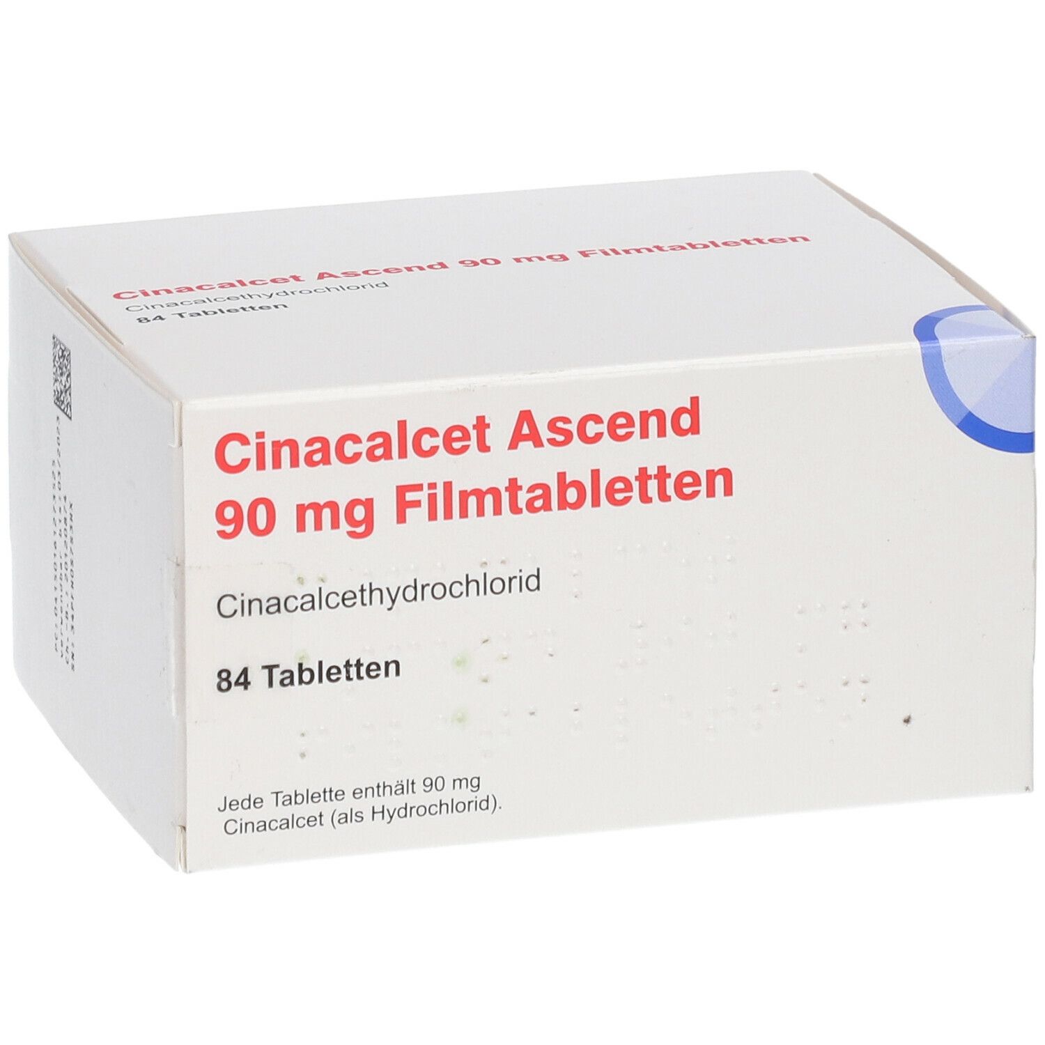 Schachtel mit Cinacalcet Ascend 90 mg Filmtabletten. Enthält 84 Tabletten. Aufschrift: Cinacalcet Ascend 90 mg Filmtabletten.