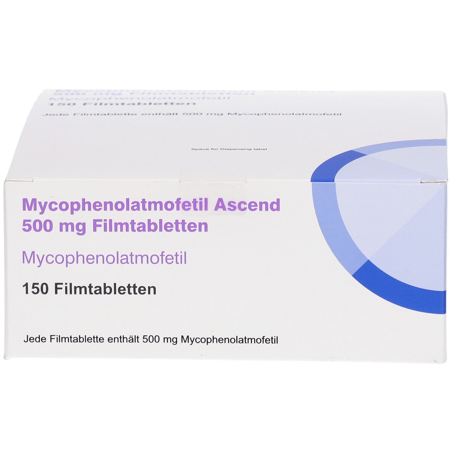 Vorderseite der Mycophenolatmofetil Ascend 500 mg Filmtabletten Verpackung, 150 Stück.