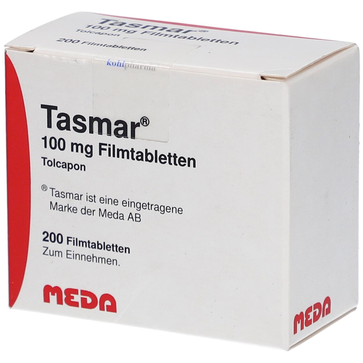 Weiße Tasmar-Schachtel mit roter Akzentfarbe. Aufschrift: Tasmar 100 mg Filmtabletten, 200 Stück. Marke MEDA.