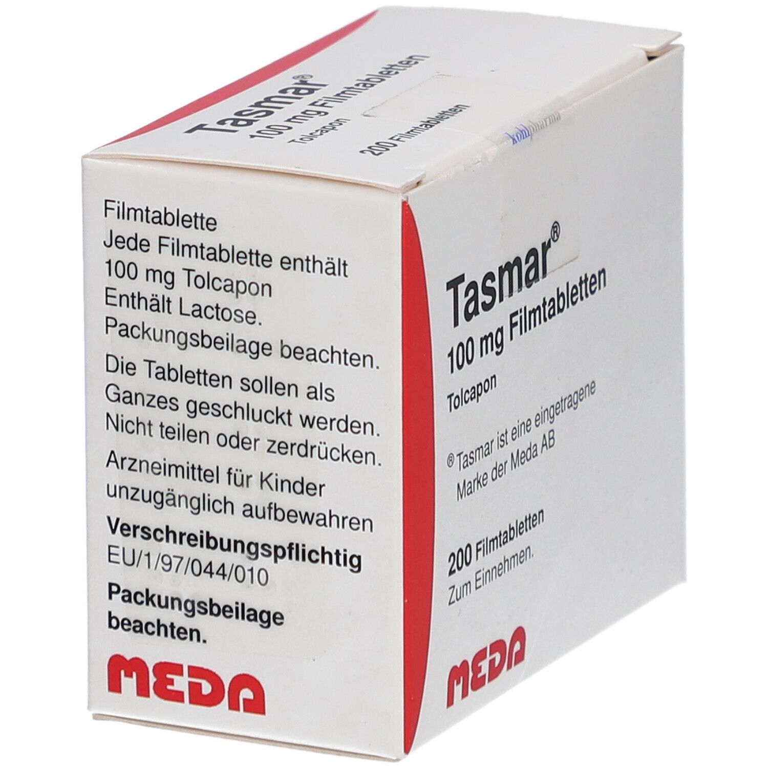 Tasmar-Schachtel, weiß mit rotem Akzent. Aufschrift: Tasmar 100 mg Filmtabletten, 200 Stück. MEDA-Logo.