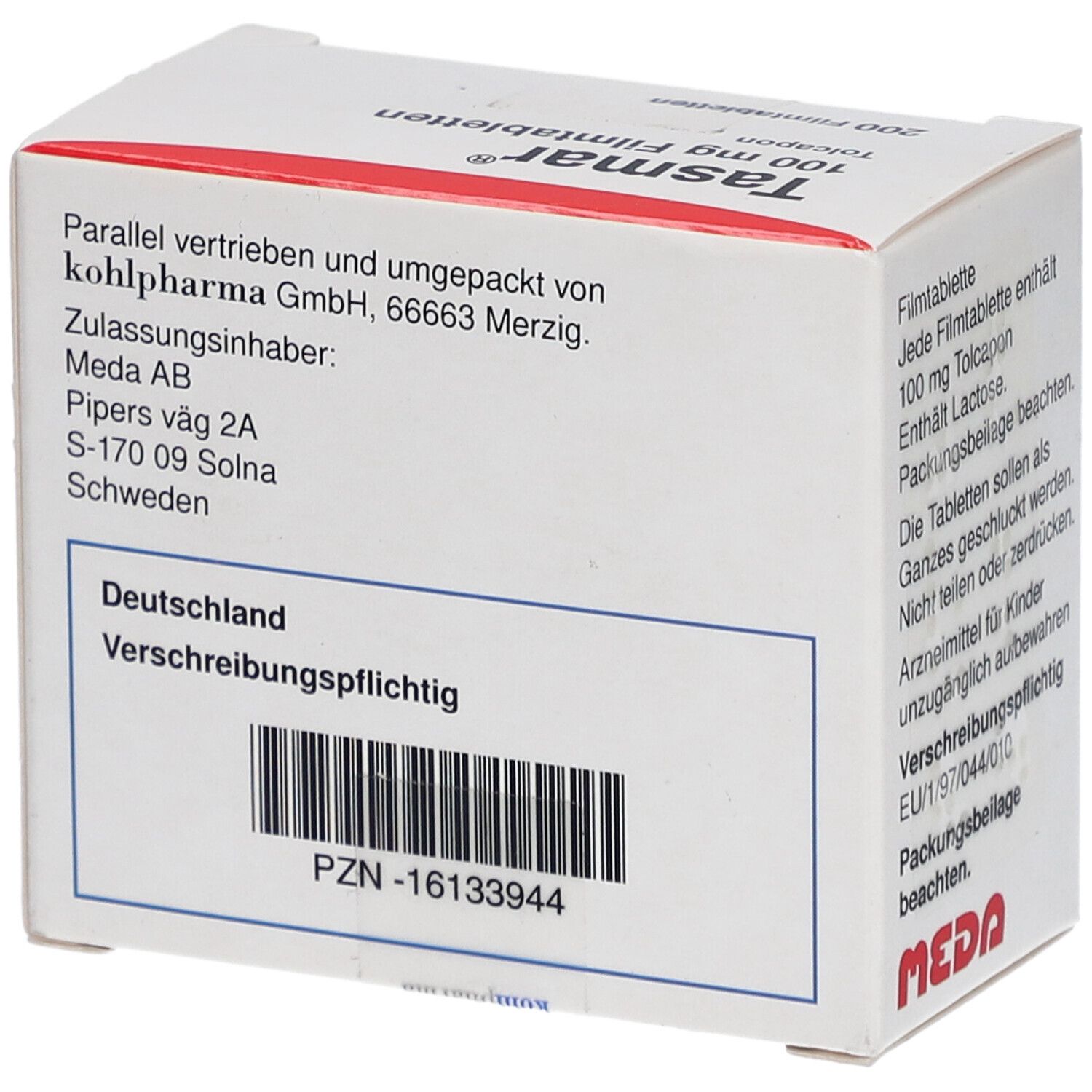 Rückseite der Tasmar-Schachtel. Enthält Informationen wie Hersteller, Adresse, Chargennummer und Barcode. MEDA-Logo.