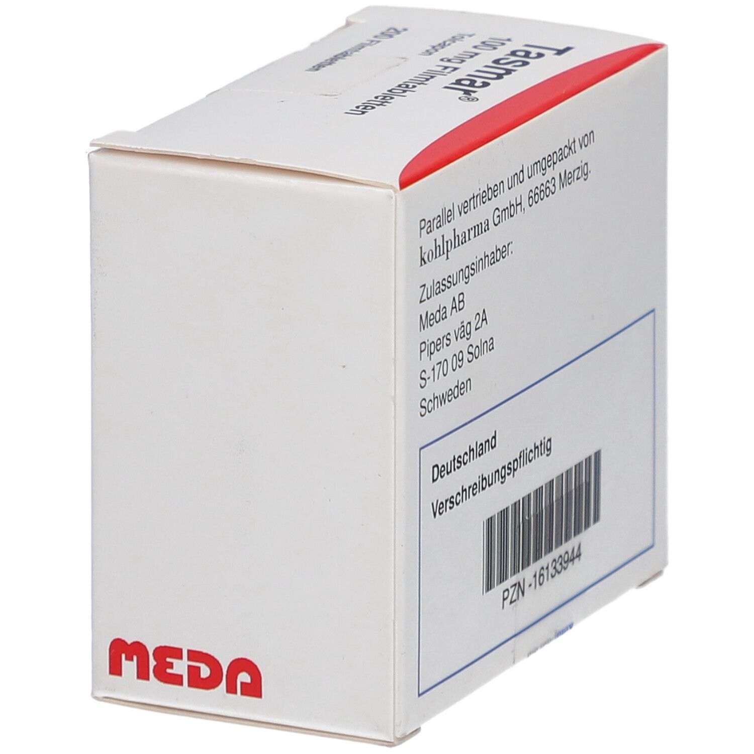 Seitenansicht der Tasmar-Schachtel. Enthält Informationen wie Hersteller, Adresse, Chargennummer und Barcode. MEDA-Logo.