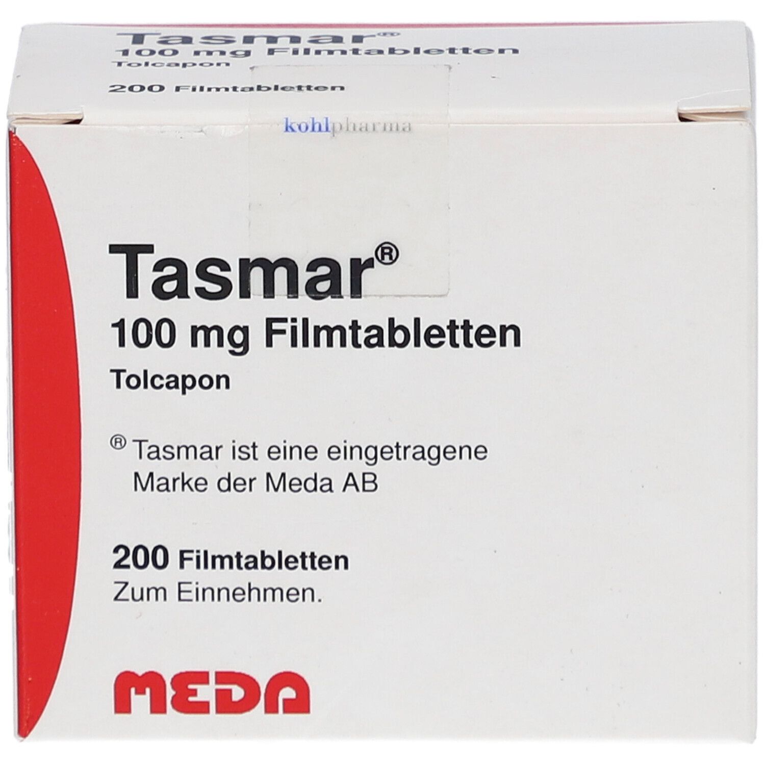 Weiße Tasmar-Schachtel mit roter Akzentfarbe. Aufschrift: Tasmar 100 mg Filmtabletten, 200 Stück. Marke MEDA.