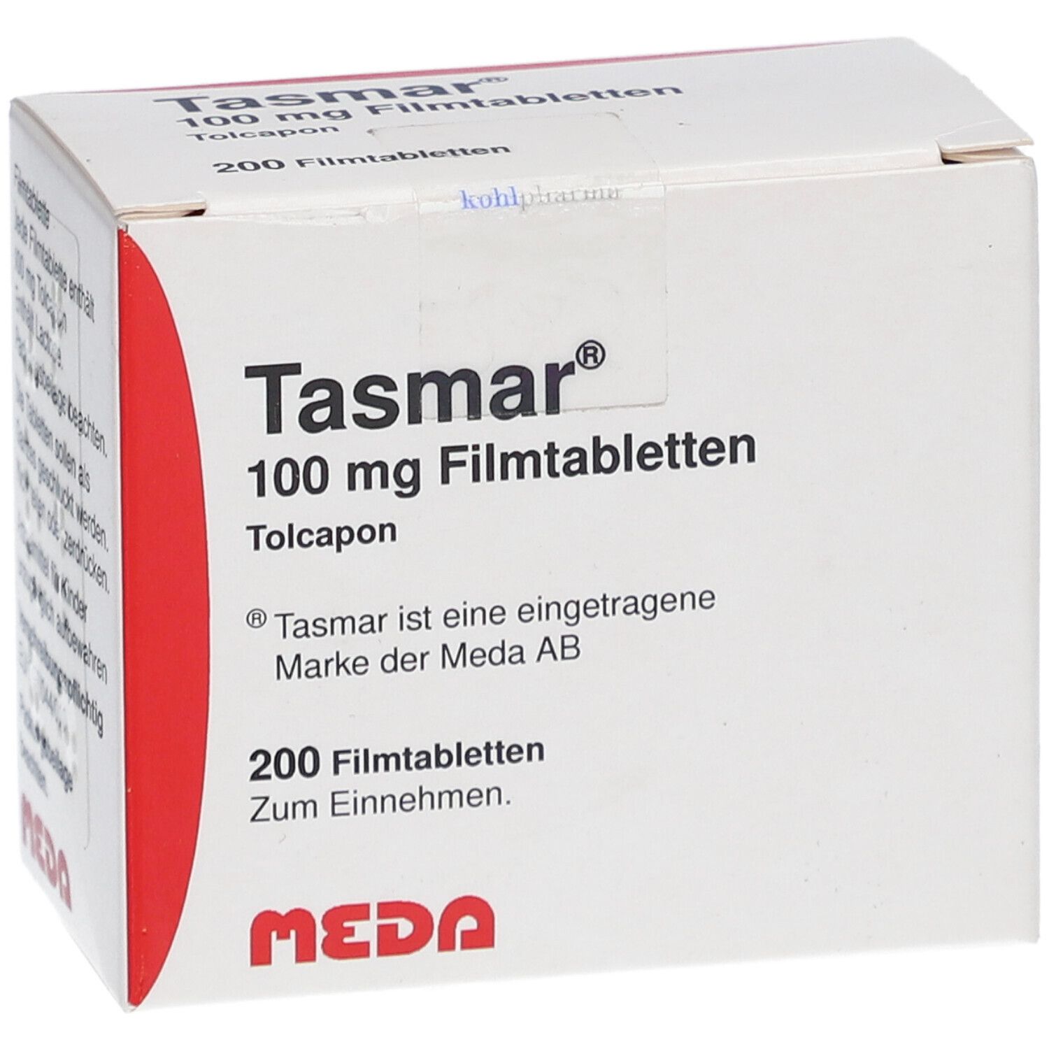 Weiße Tasmar-Schachtel mit roter Akzentfarbe. Aufschrift: Tasmar 100 mg Filmtabletten, 200 Stück. Marke MEDA.