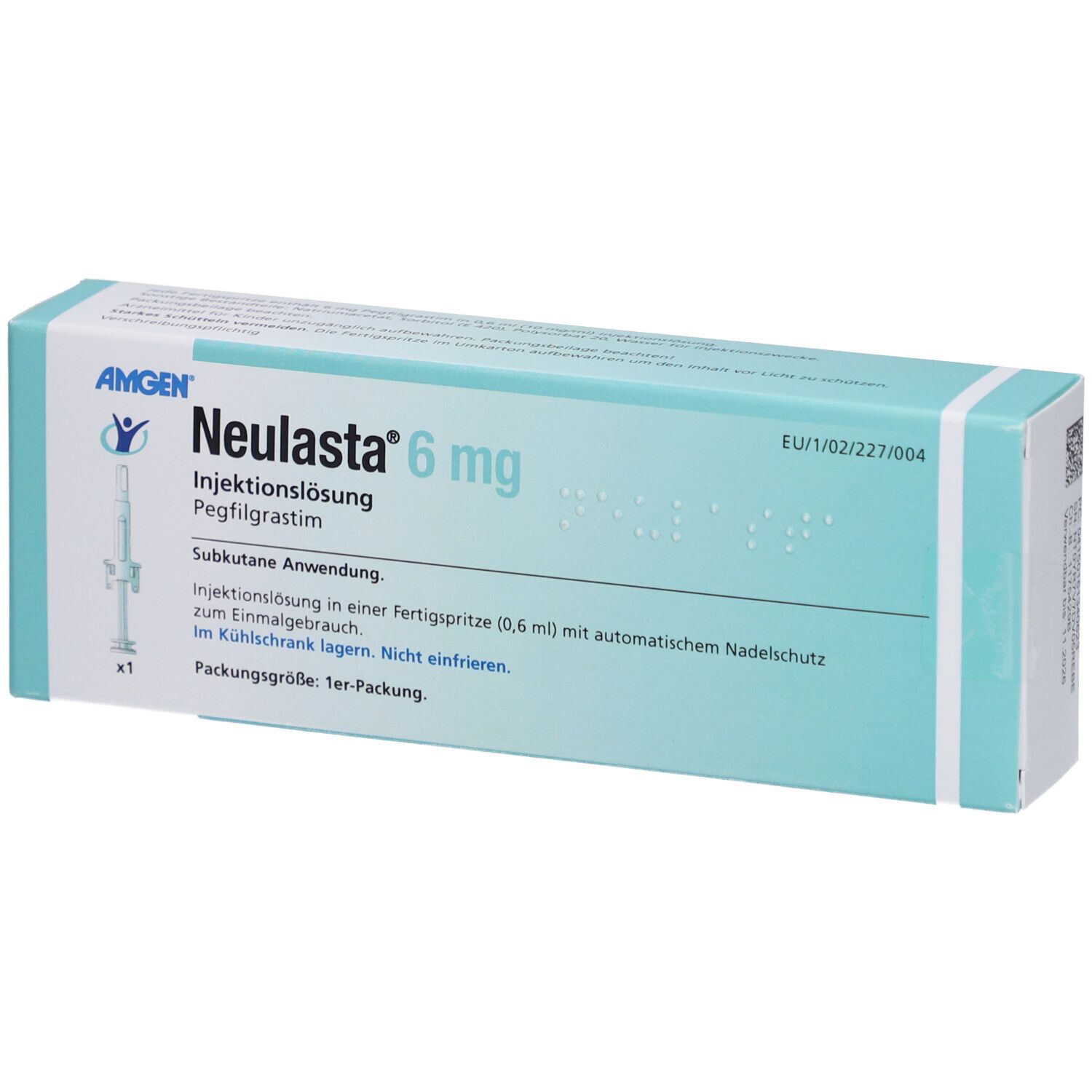 Karton von Neulasta 6 mg. Aufschrift: Injektionslösung, Pegfilgrastim. Enthält eine Fertigspritze. Hersteller: Amgen.