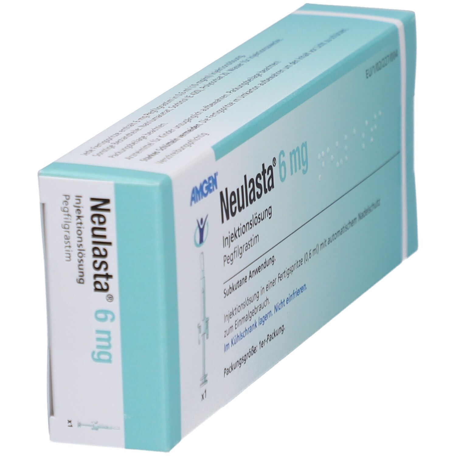Schräg gestellte Verpackung von Neulasta 6 mg. Aufschrift: Injektionslösung, Pegfilgrastim. Hersteller: Amgen.