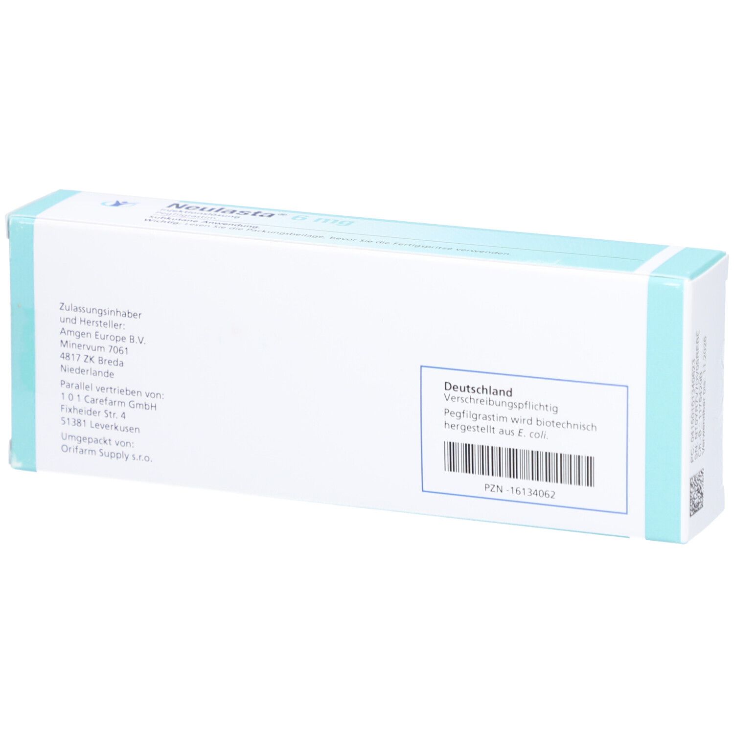 Rückseite der Neulasta 6 mg Verpackung. Enthält Informationen zu Hersteller und Inhaltsstoffen. Mit Barcode.
