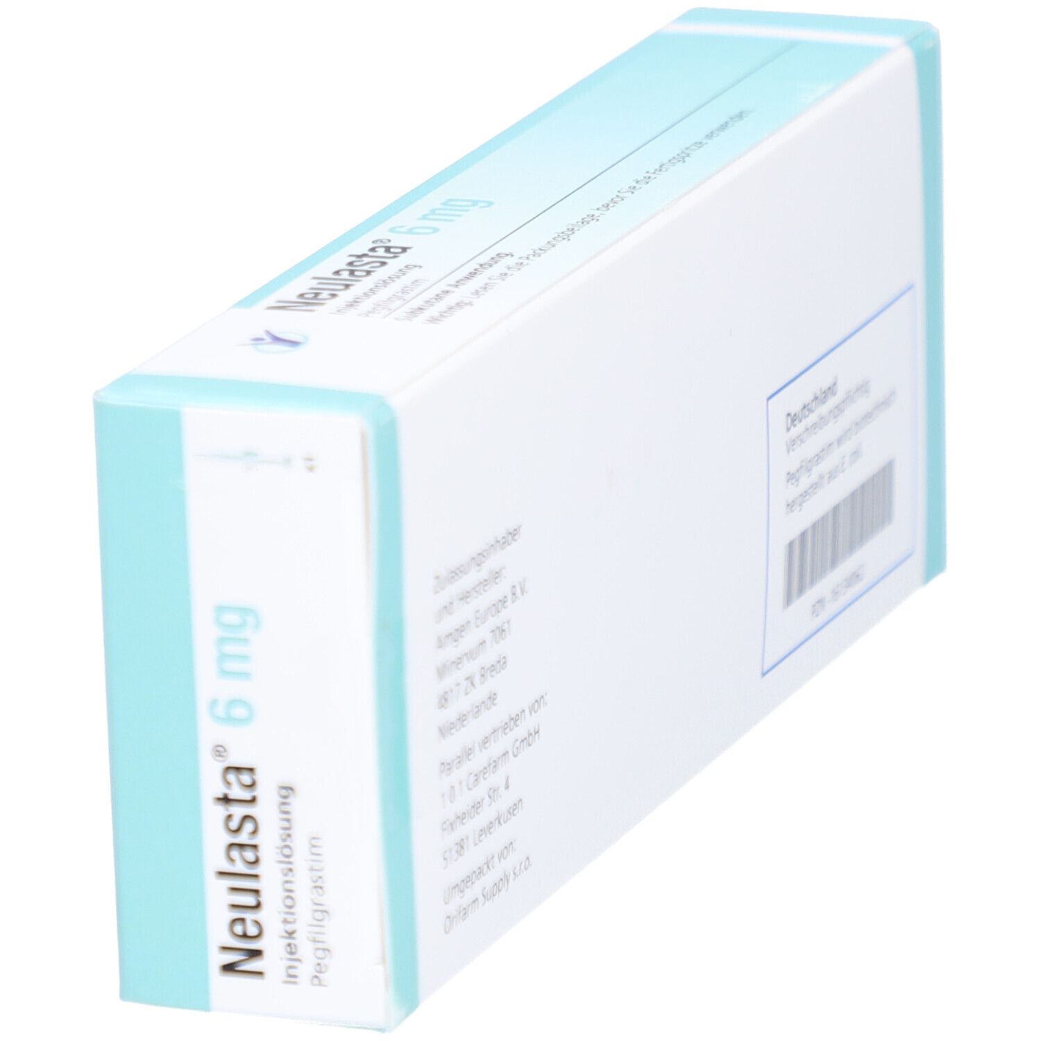Schräg gestellte Verpackung von Neulasta 6 mg. Aufschrift: Injektionslösung, Pegfilgrastim. Hersteller: Amgen.