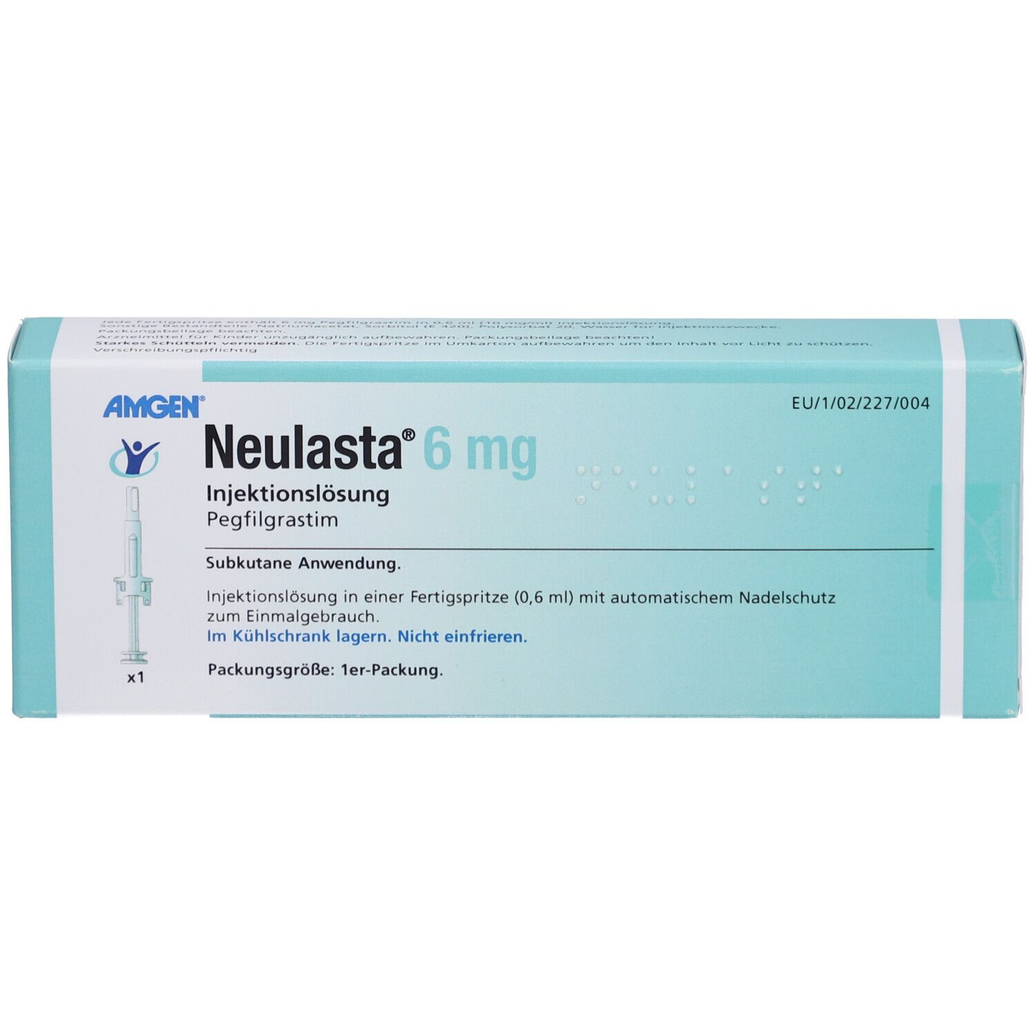 Karton von Neulasta 6 mg. Aufschrift: Injektionslösung, Pegfilgrastim. Enthält eine Fertigspritze. Hersteller: Amgen.