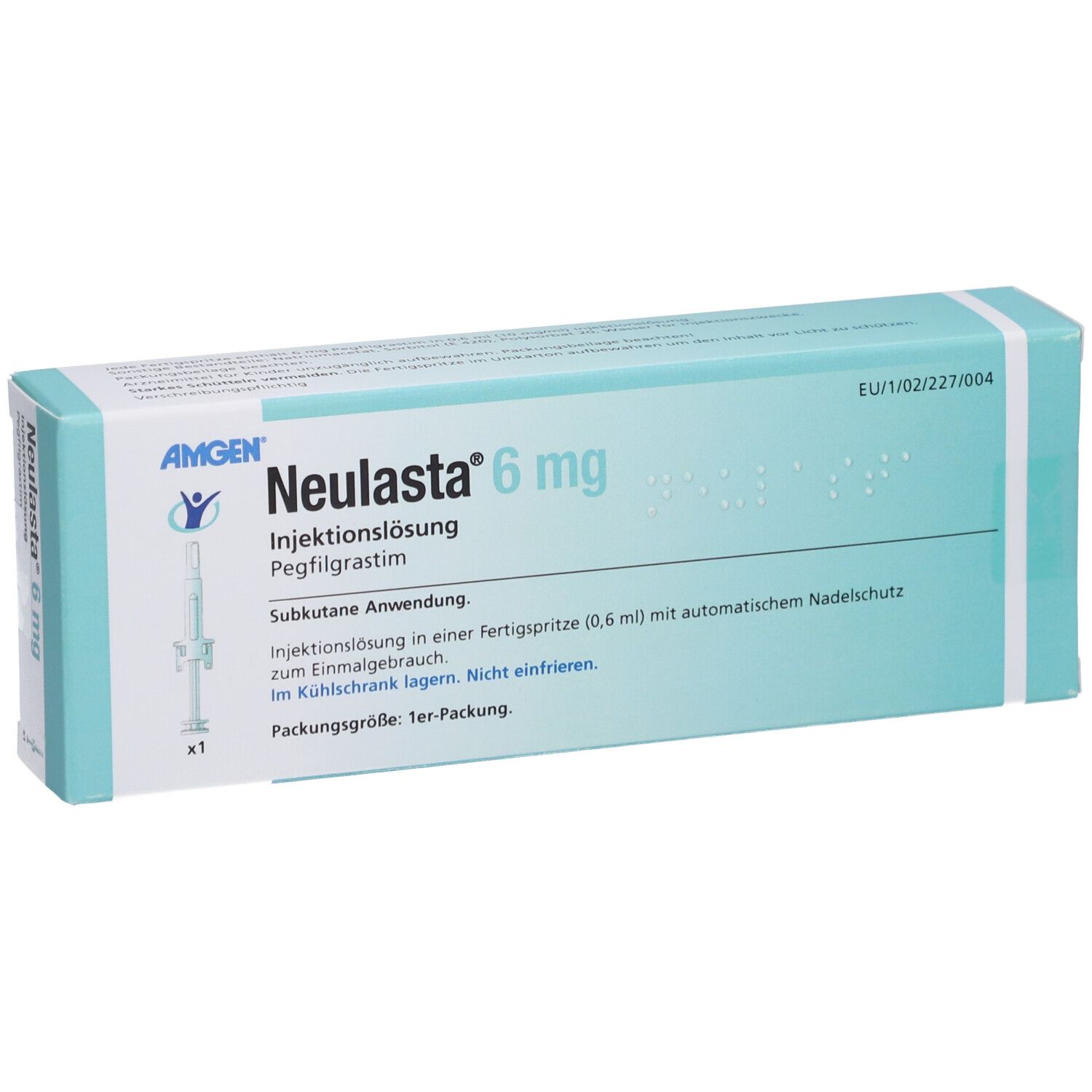 Karton von Neulasta 6 mg. Aufschrift: Injektionslösung, Pegfilgrastim. Enthält eine Fertigspritze. Hersteller: Amgen.