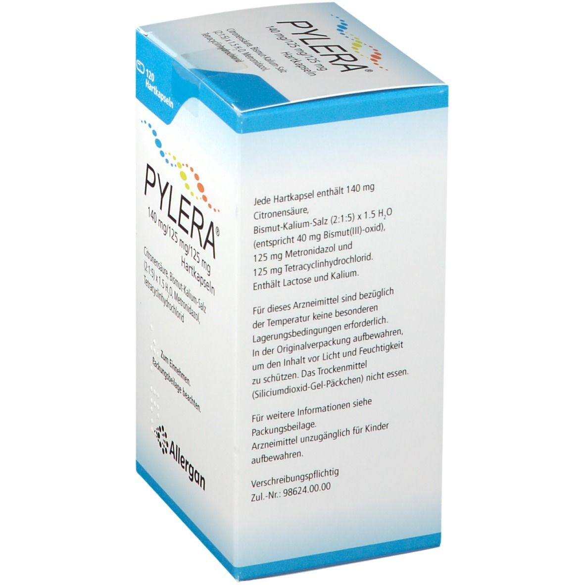 Schräg gestellte PYLERA-Verpackung. Aufschrift: PYLERA 140 mg/125 mg/125 mg. Enthält Informationen zu Inhaltsstoffen und Lagerung. Marke: Allergan.