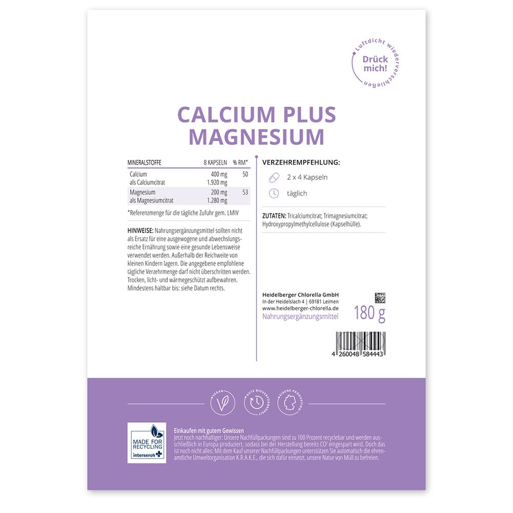 Rückseite der Heidelberger Chlorella® Calcium Plus Magnesium Verpackung. Enthält Nährwertangaben, Zutaten und Herstellerinformationen.