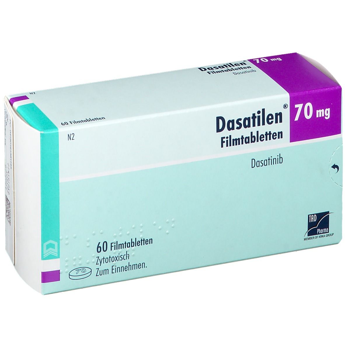 Schachtel mit DASATILEN 70 mg Filmtabletten. Aufschrift: 60 Filmtabletten, Zytotoxisch. Lila und hellblaue Farbgebung.