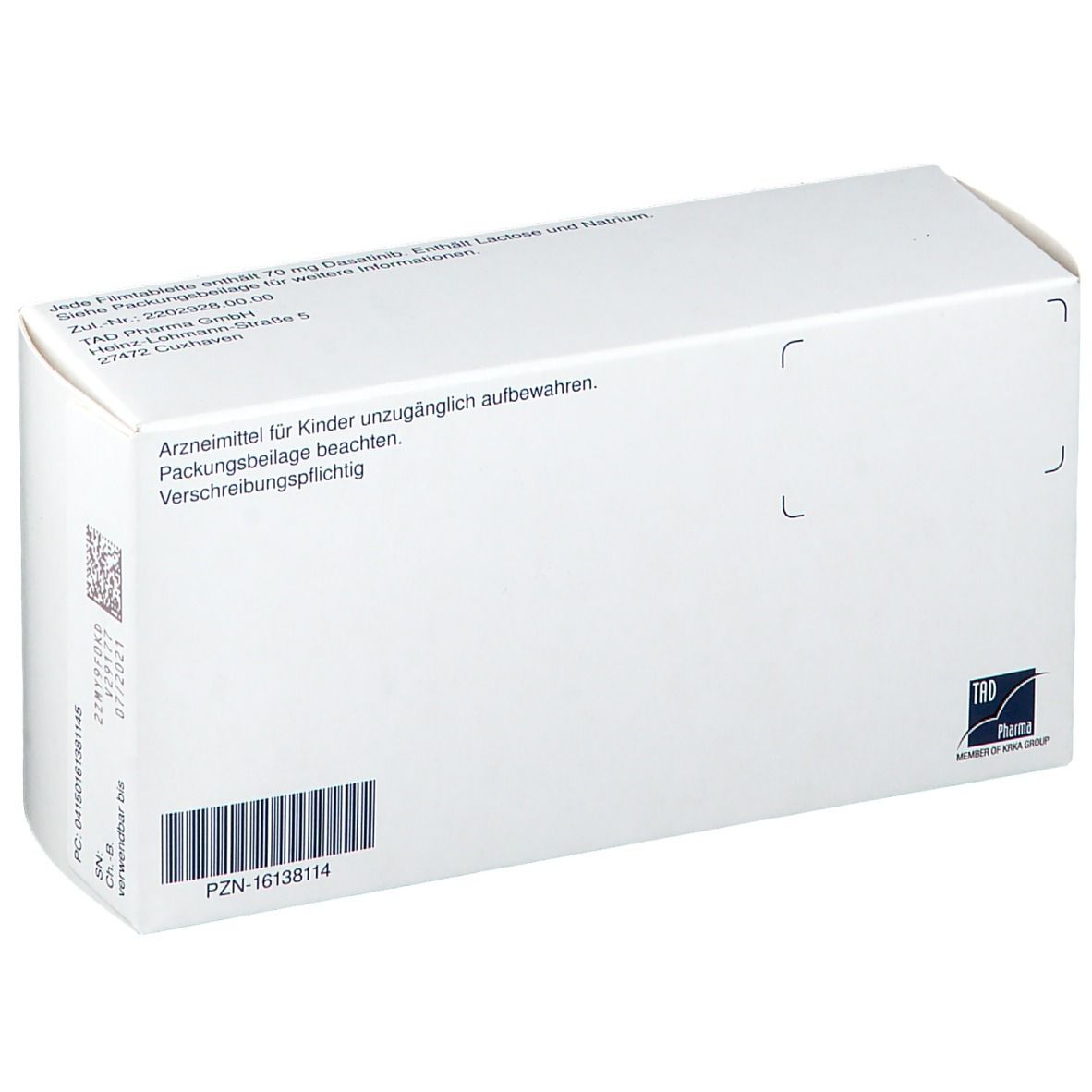 Rückseite der Schachtel mit DASATILEN 70 mg Filmtabletten. Text: Arzneimittel für Kinder unzugänglich aufbewahren. Verschreibungspflichtig.