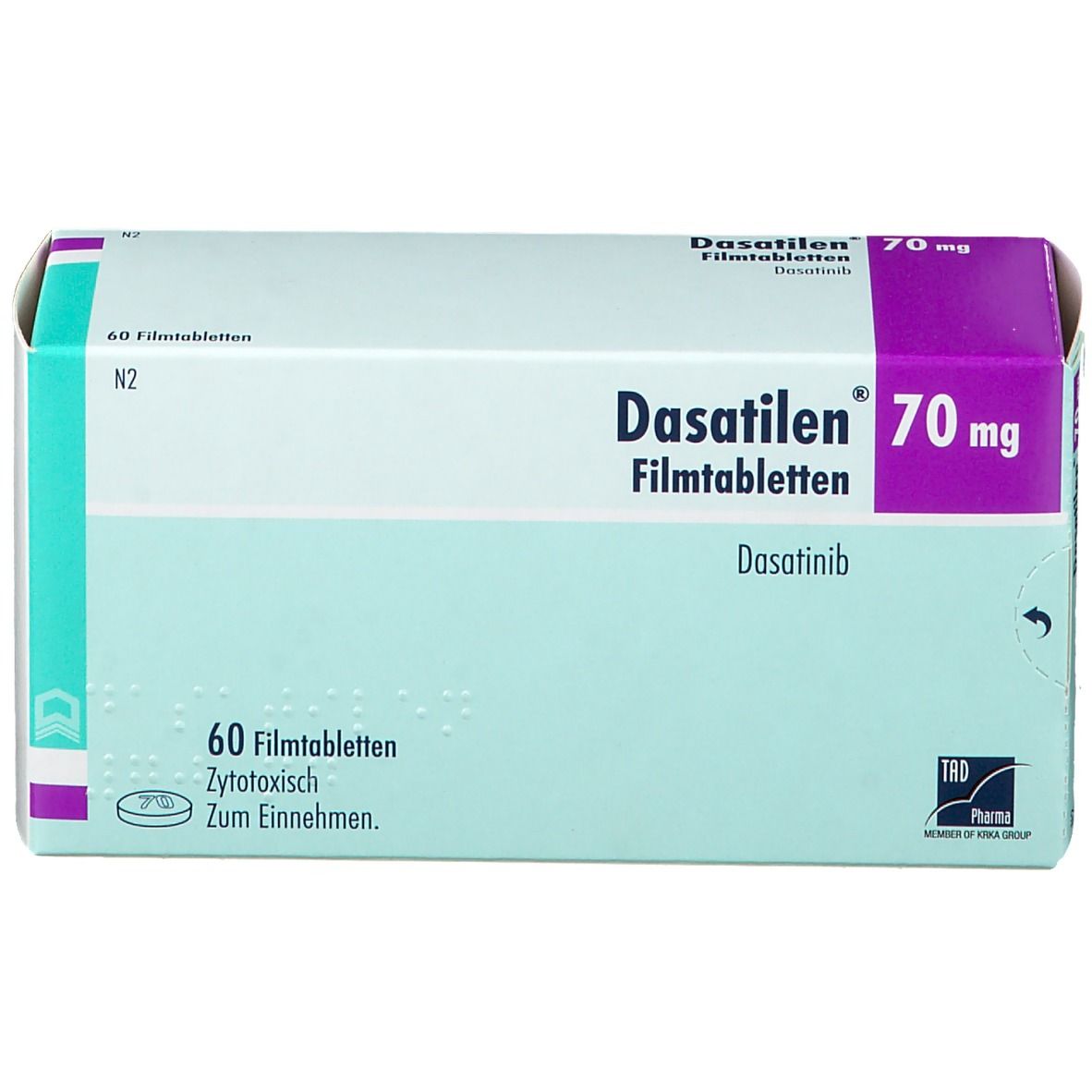 Schachtel mit DASATILEN 70 mg Filmtabletten. Aufschrift: 60 Filmtabletten, Zytotoxisch. Lila und hellblaue Farbgebung.