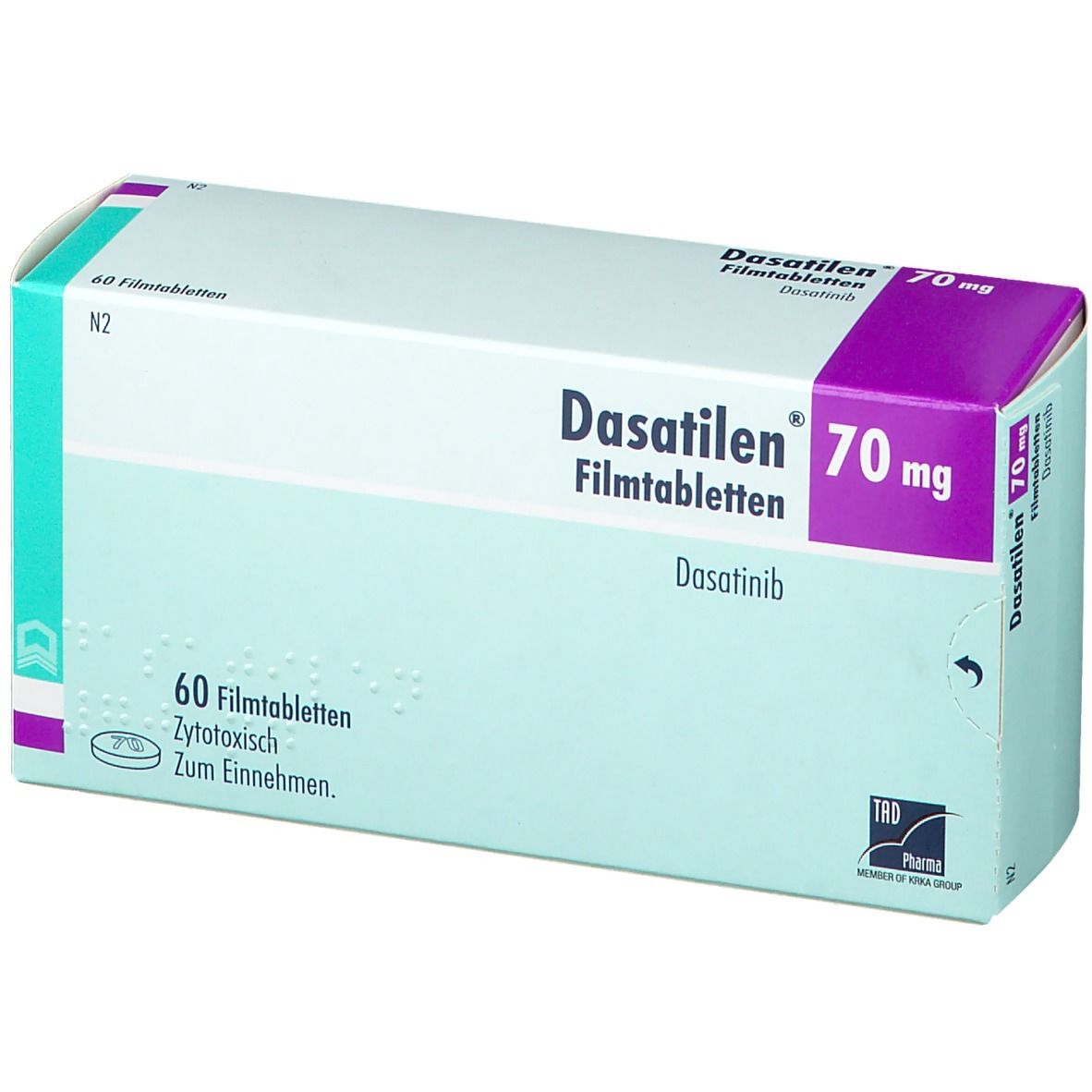 Schachtel mit DASATILEN 70 mg Filmtabletten. Aufschrift: 60 Filmtabletten, Zytotoxisch. Lila und hellblaue Farbgebung.