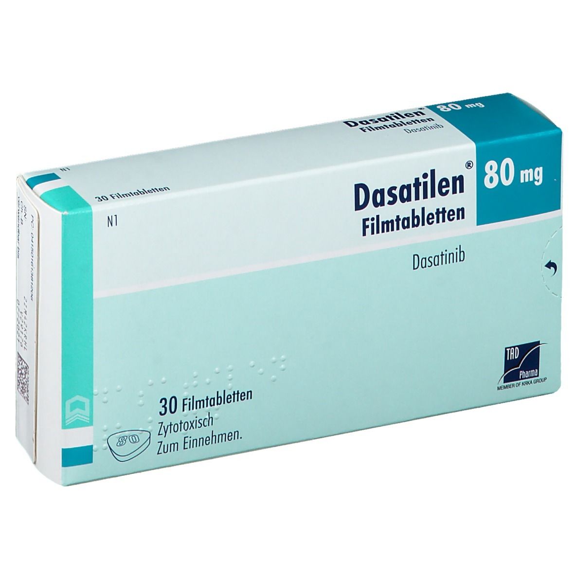 Schachtel mit Dasatilen 80 mg Filmtabletten. Blaue und weiße Verpackung. Enthält 30 Tabletten. Aufdruck: Dasatinib.