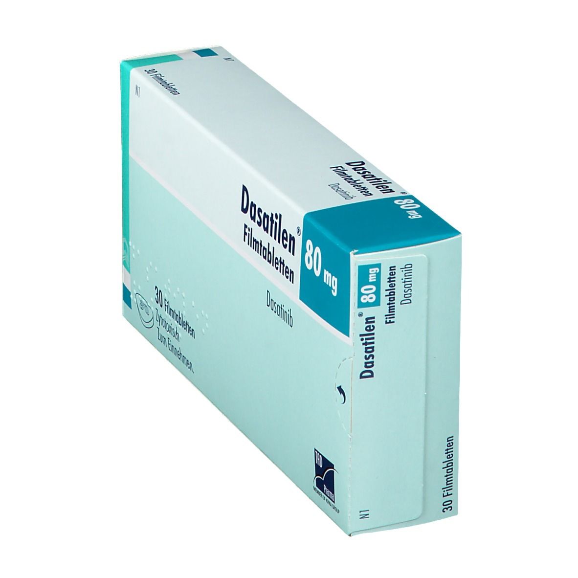 Schachtel Dasatilen 80 mg Filmtabletten, schräg. Blaue und weiße Verpackung. Aufdruck: Dasatinib. Enthält 30 Tabletten.