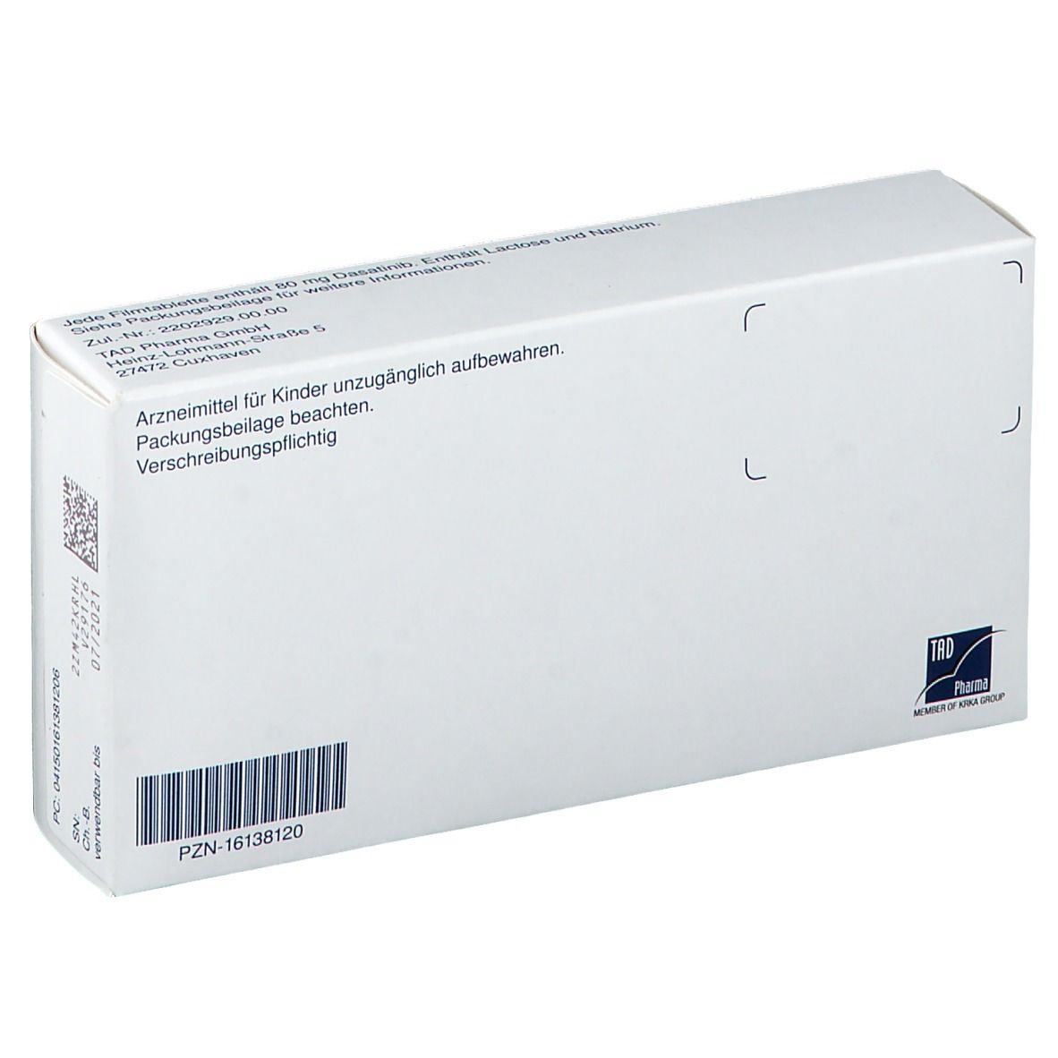 Rückseite der Dasatilen 80 mg Filmtabletten-Schachtel. Weiße Verpackung mit Text und Barcode. Herstellerinformationen.