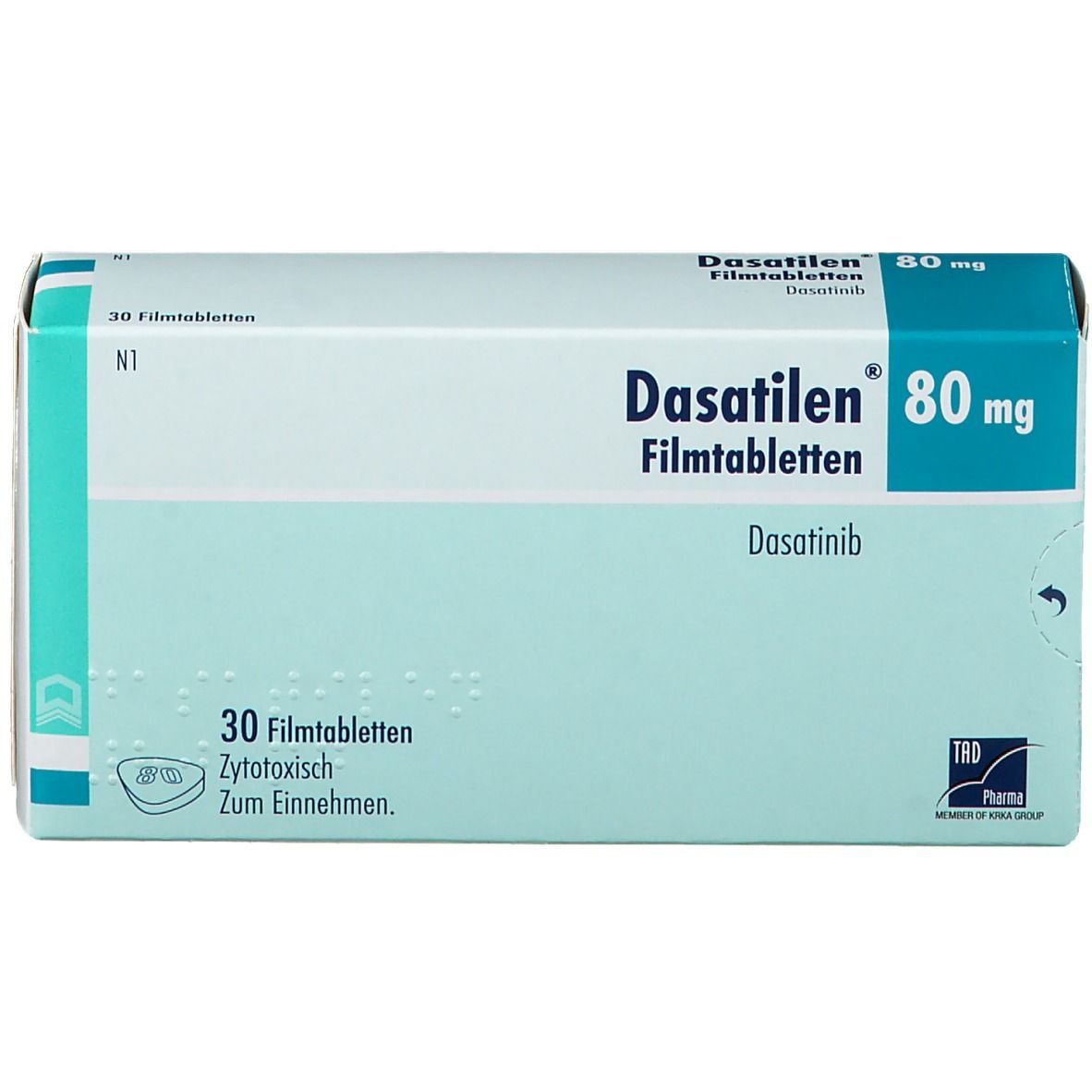 Schachtel Dasatilen 80 mg Filmtabletten. Blaue und weiße Verpackung. Aufdruck: Dasatinib. Enthält 30 Tabletten.