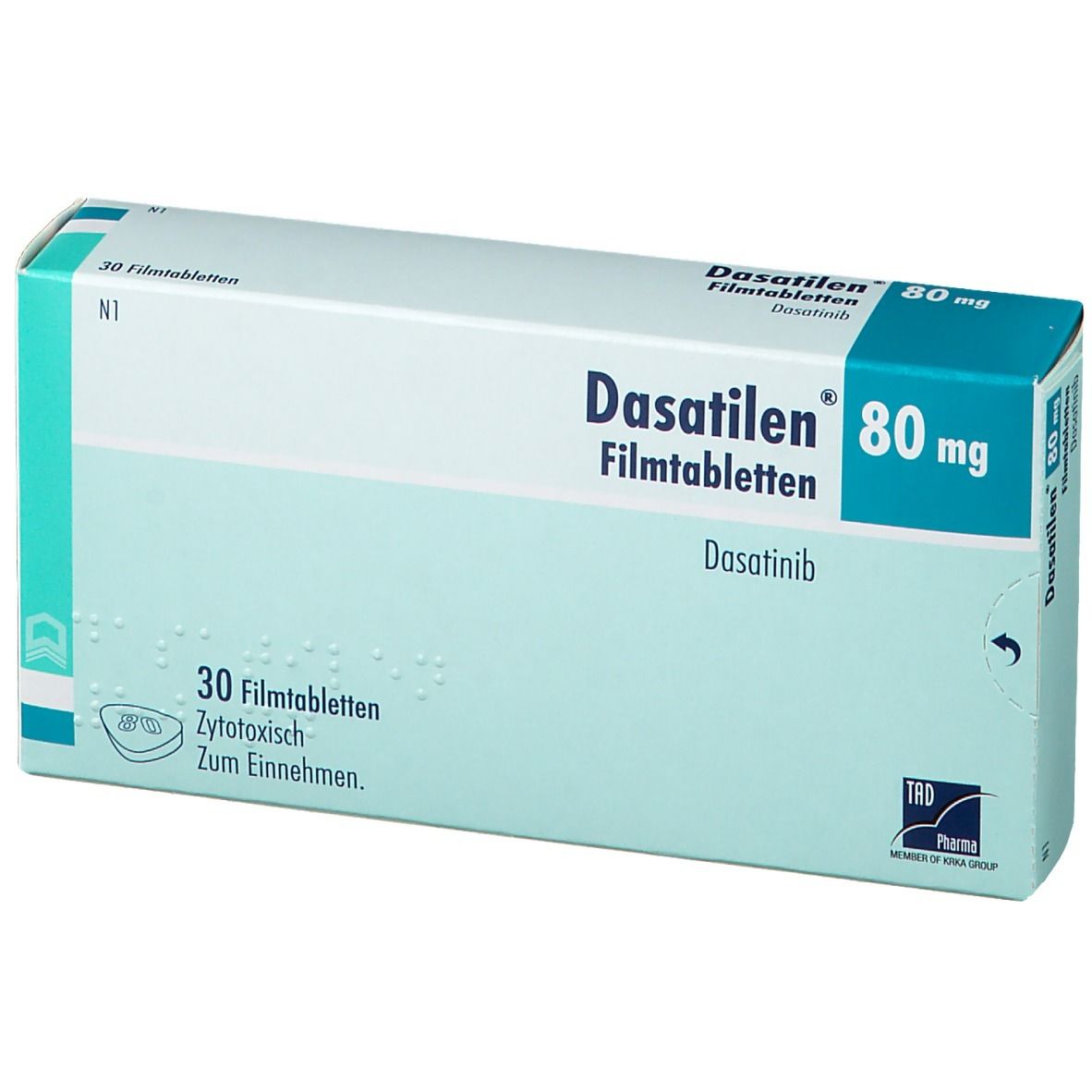 Schachtel Dasatilen 80 mg Filmtabletten. Blaue und weiße Verpackung. Aufdruck: Dasatinib. Enthält 30 Tabletten.