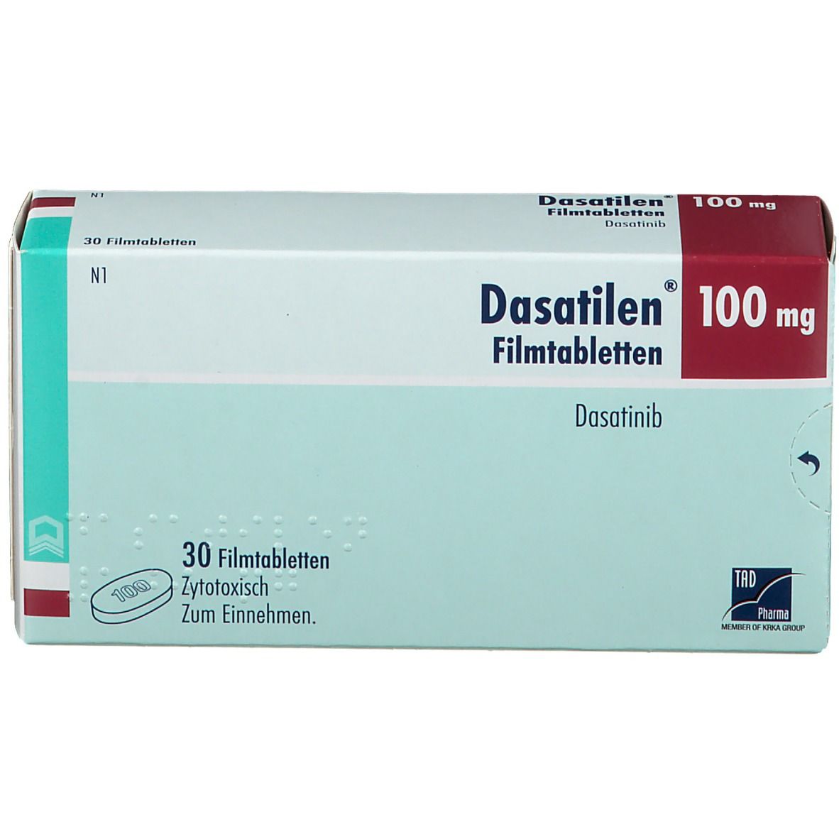 Schachtel mit Dasatilen 100 mg Filmtabletten. Aufschrift: 30 Filmtabletten, Dasatinib. Farbgebung: Weiß, Türkis, Rot.