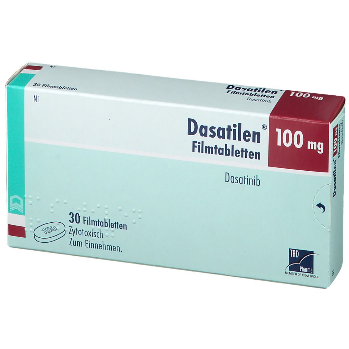 Schachtel mit Dasatilen 100 mg Filmtabletten. Aufschrift: 30 Filmtabletten, Dasatinib. Farbgebung: Weiß, Türkis, Rot.