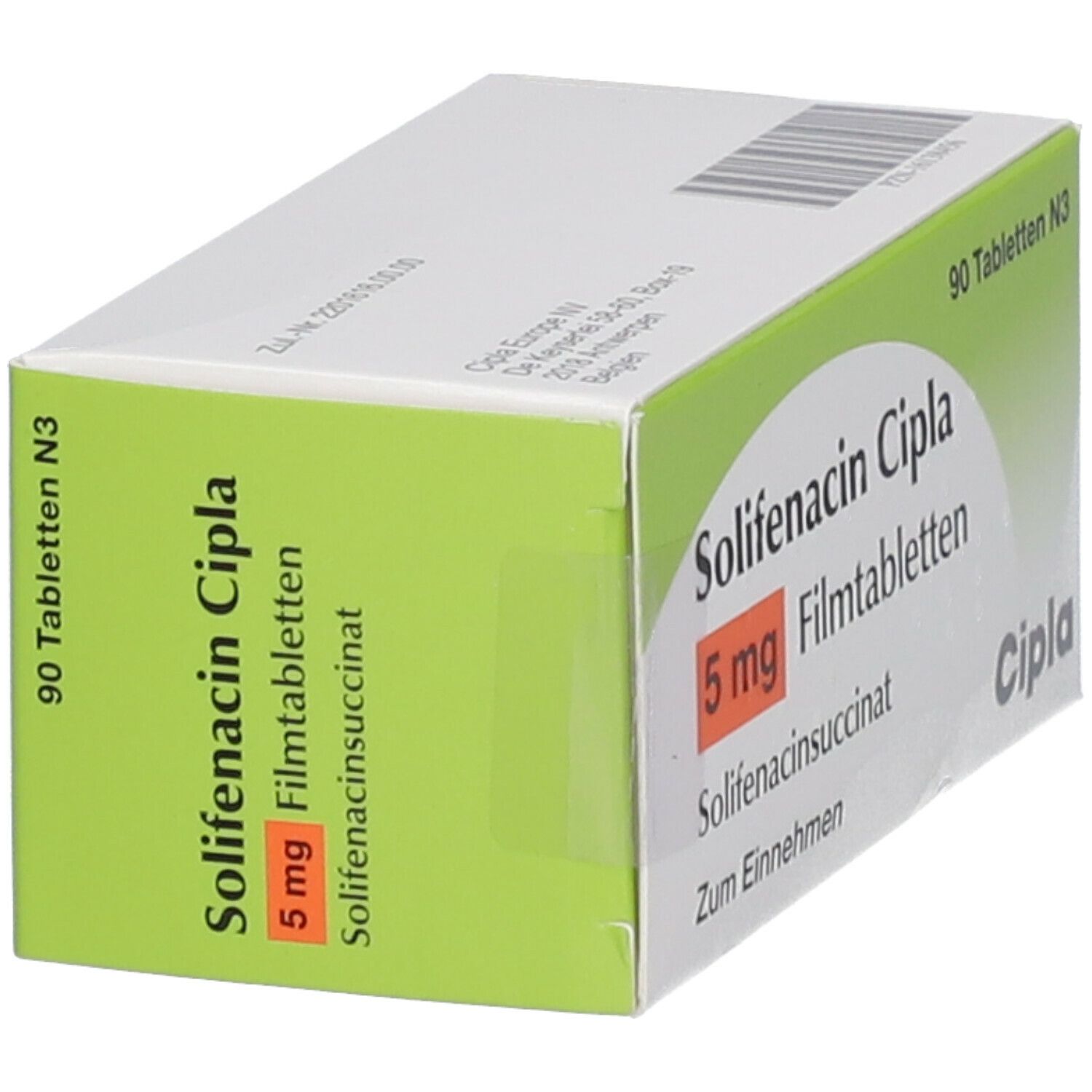 Schachtel mit Solifenacin Cipla 5 mg Filmtabletten. Aufschrift: 90 Tabletten N3. Marke Cipla. Grüne und weiße Verpackung.