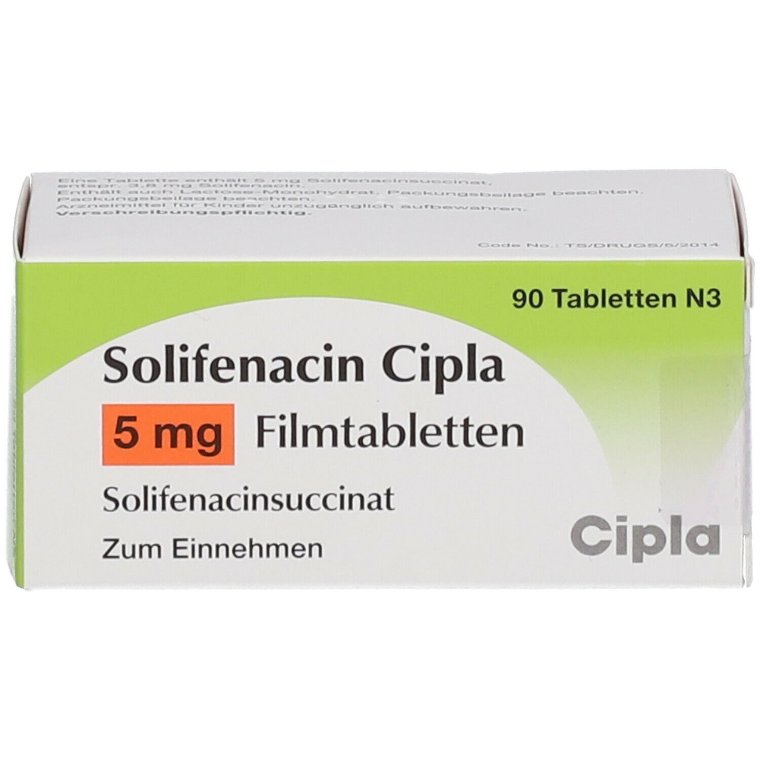 Schachtel mit Solifenacin Cipla 5 mg Filmtabletten. Aufschrift: 90 Tabletten N3. Marke Cipla. Grüne und weiße Verpackung.
