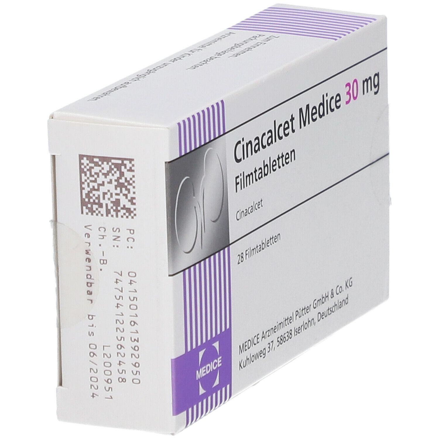 Weiße Schachtel mit Cinacalcet Medice 30 mg, 28 Filmtabletten. Logo Medice. QR-Code und Verfallsdatum.