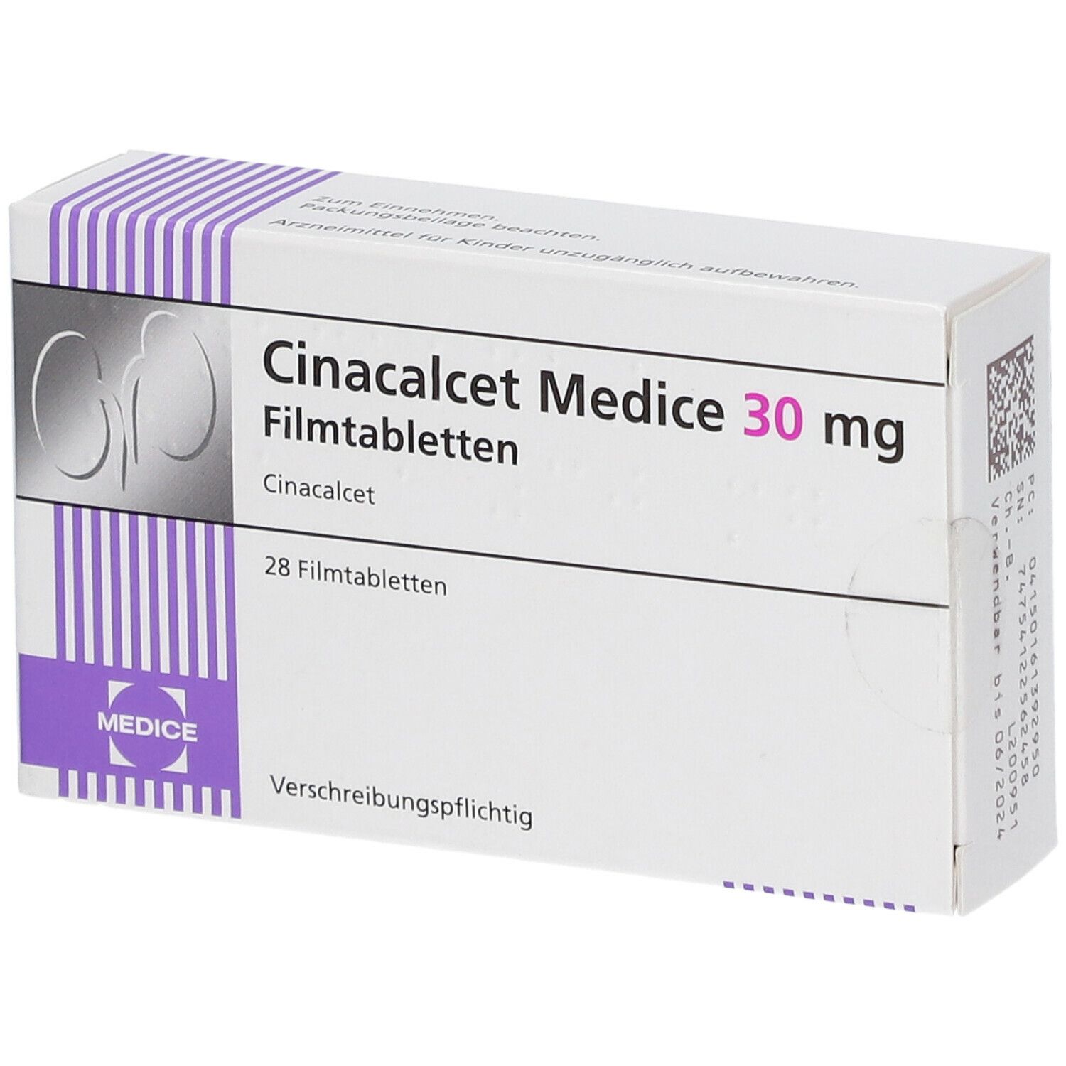 Weiße Schachtel mit Cinacalcet Medice 30 mg, 28 Filmtabletten. Logo Medice. Aufschrift: Verschreibungspflichtig.
