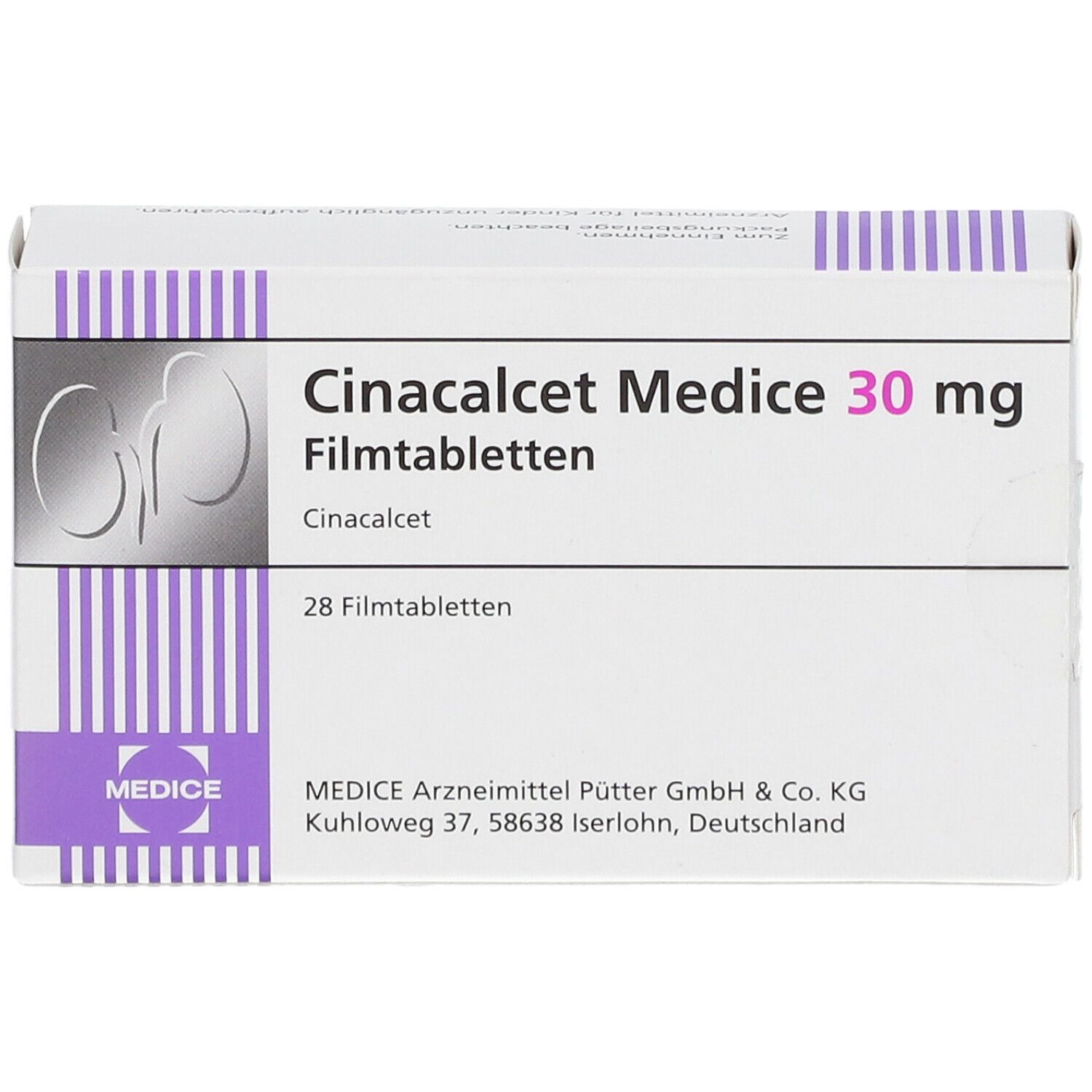 Weiße Schachtel mit Cinacalcet Medice 30 mg, 28 Filmtabletten. Logo Medice. Herstelleradresse.