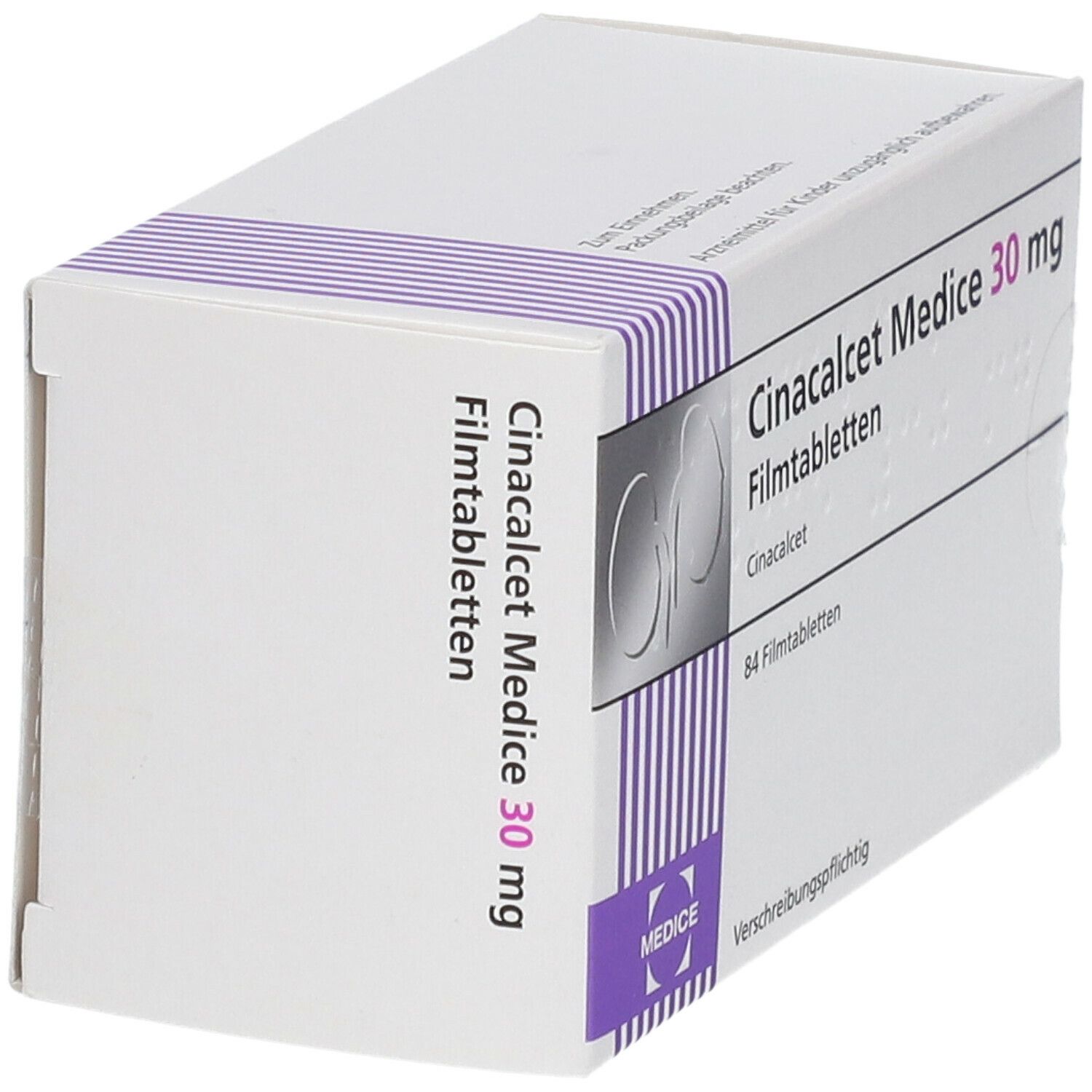 Schachtel Cinacalcet Medice 30 mg Filmtabletten. 84 Tabletten. Ansicht von der Seite. Weiß mit lila Streifen.