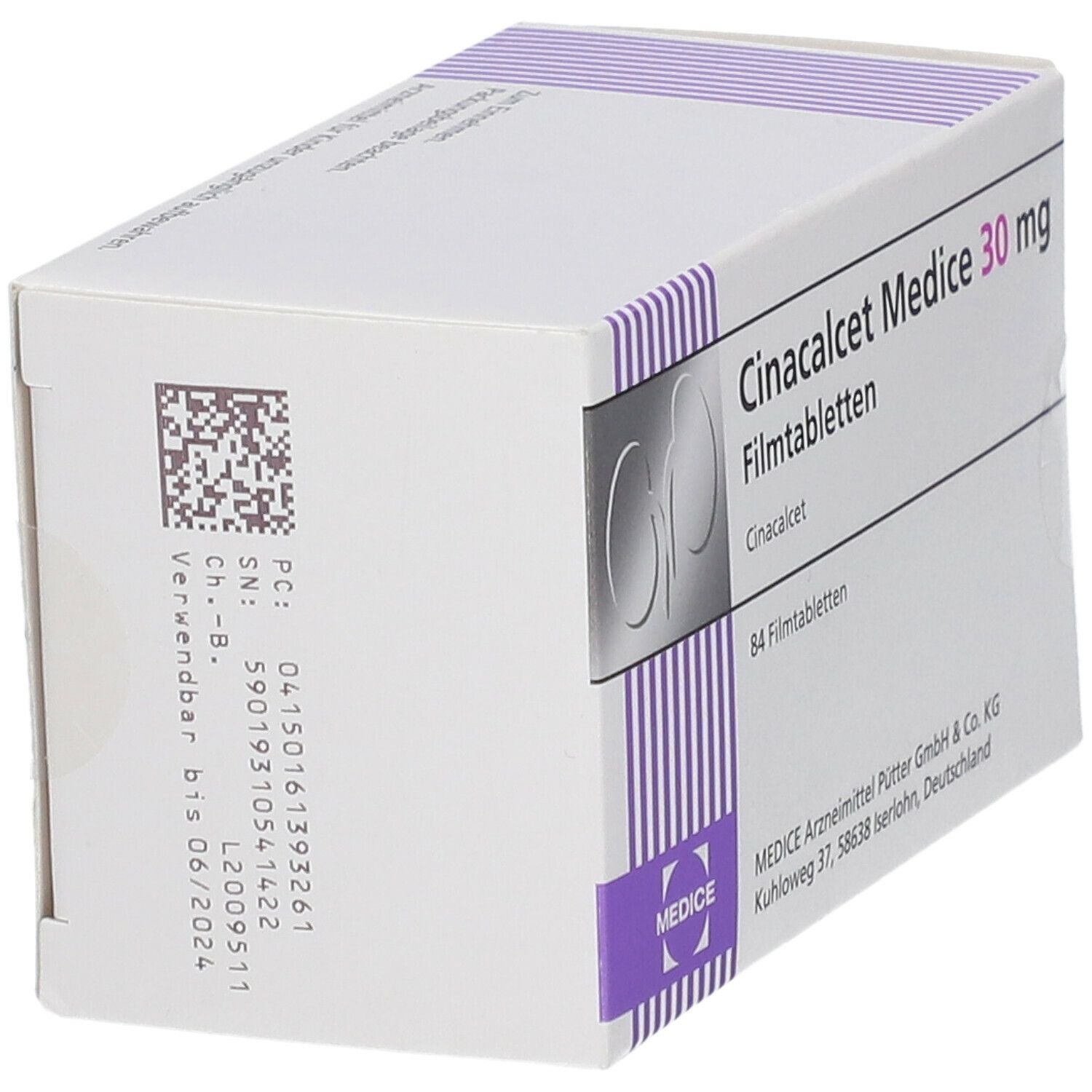 Schachtel Cinacalcet Medice 30 mg Filmtabletten. 84 Tabletten. Rückseite mit Barcode und Verfallsdatum. MEDICE Logo.