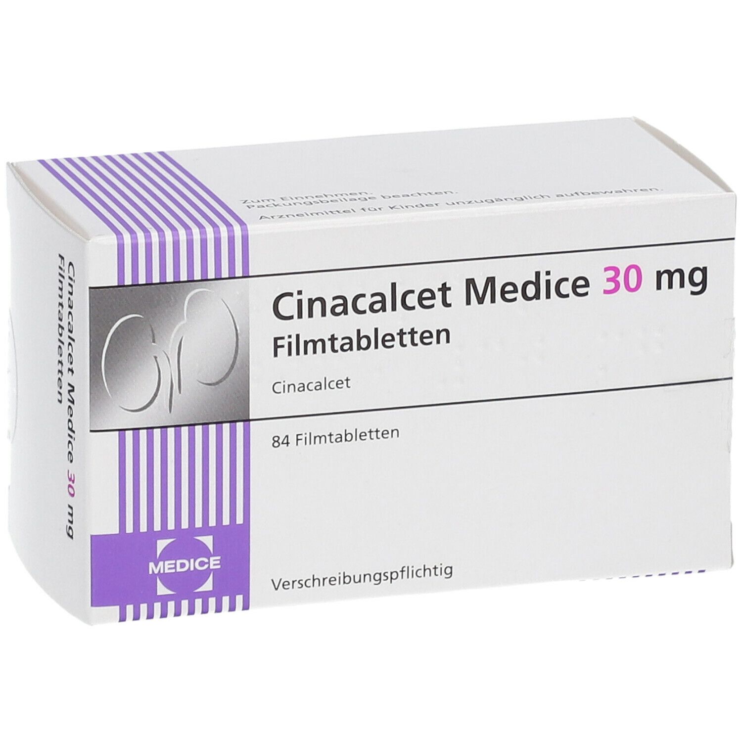 Schachtel Cinacalcet Medice 30 mg Filmtabletten. 84 Tabletten. Ansicht von der Seite. Weiß mit lila Streifen und Schriftzug.