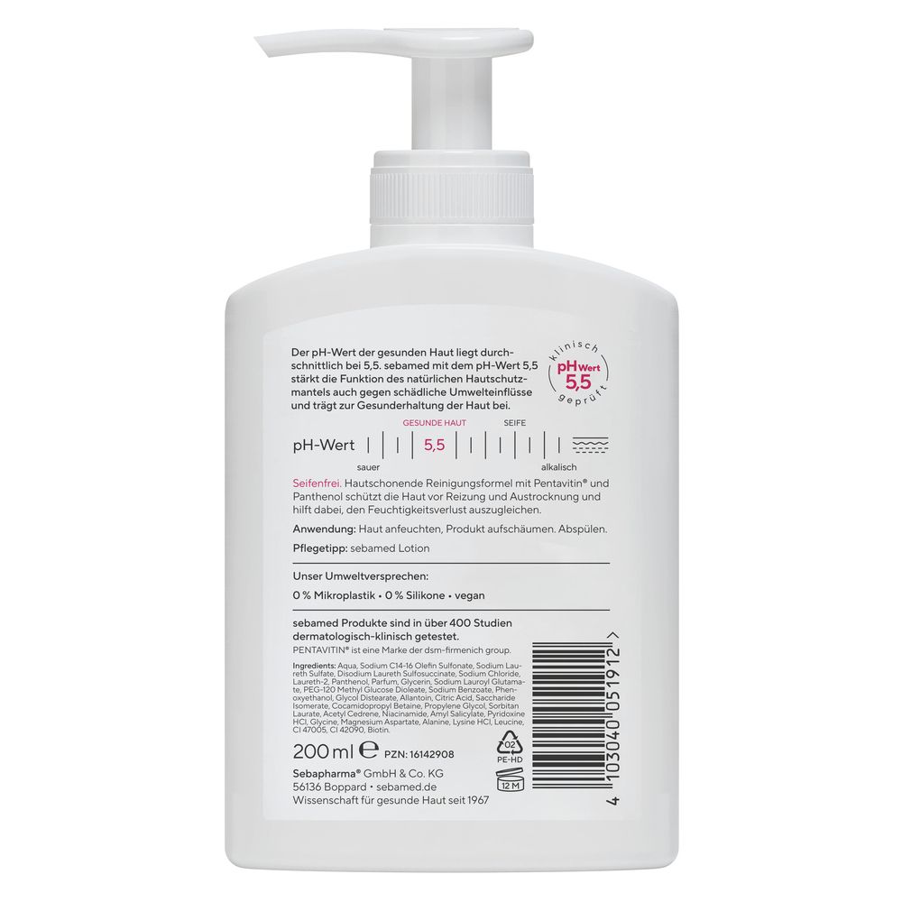 Rückseite der weißen Flasche mit Spender. Text: pH-Wert 5,5, seifenfrei, 200 ml. Inhaltsstoffe. Sebapharma.