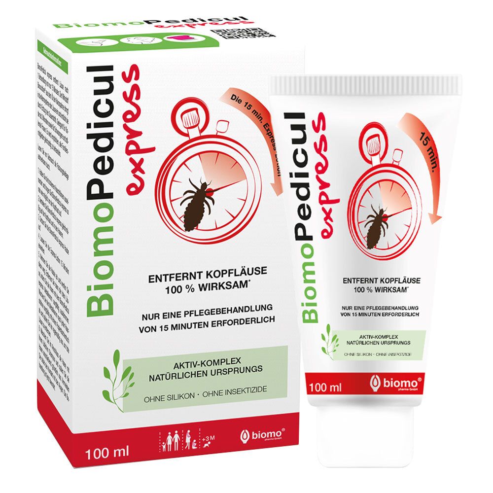 Schachtel und Tube BiomoPedicul express. Aufdrucke: Logo, Produktname, Zeichentrick-Uhr mit Laus, Text.